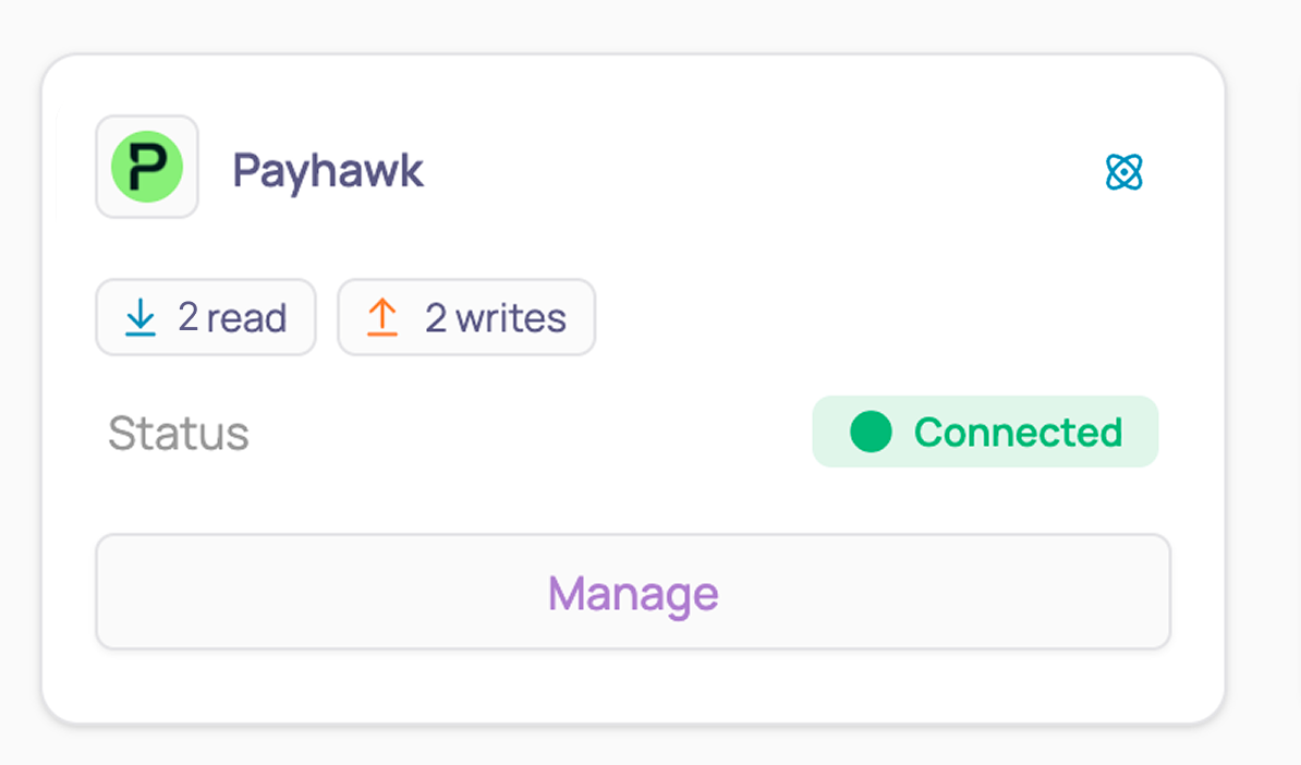 Payhawk integration card showing connected status