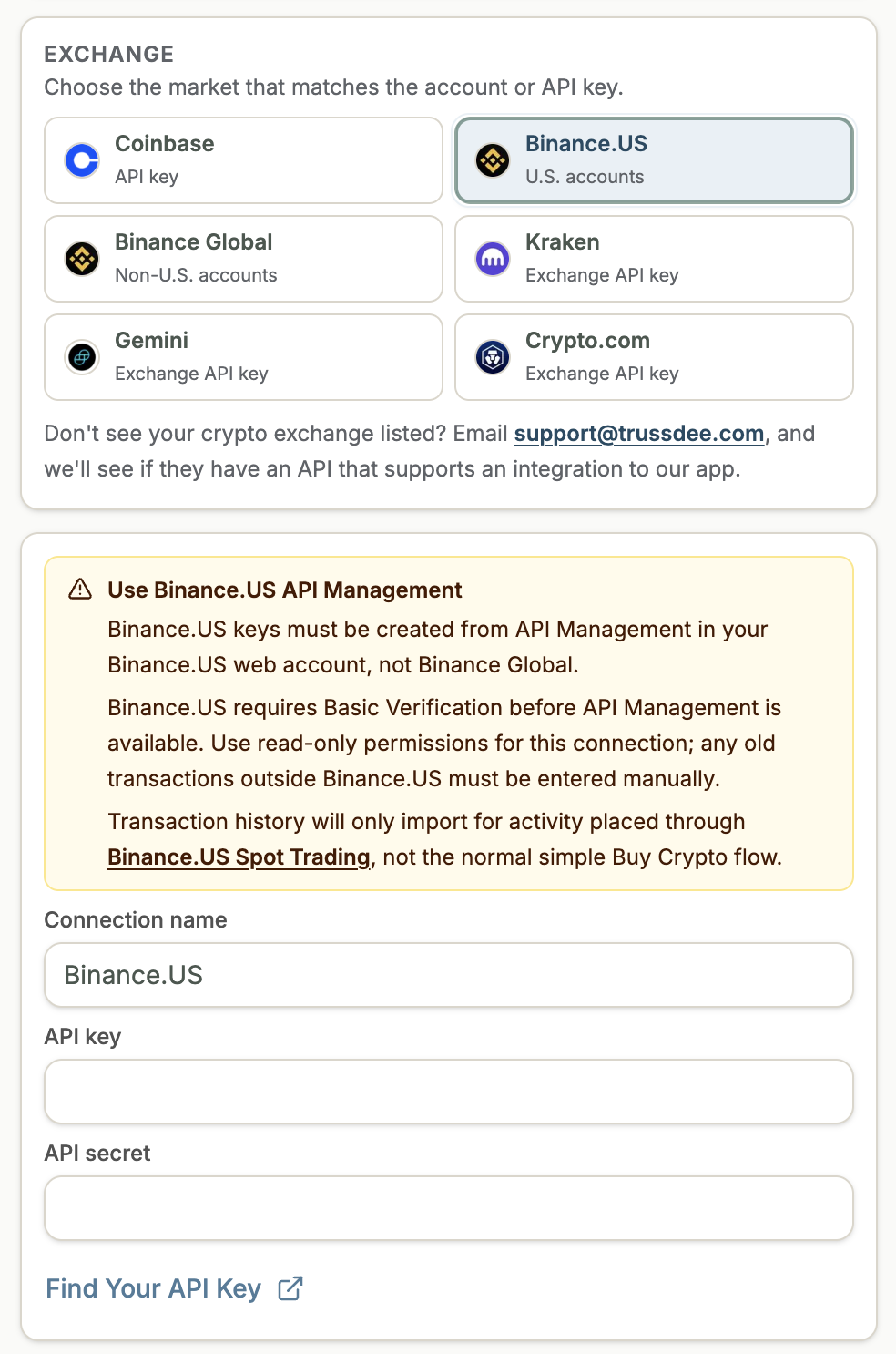 Trussdee Binance connection form for entering the API key and connection name.