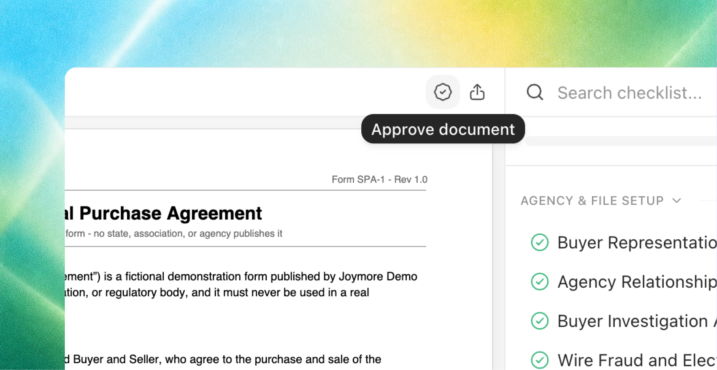 Document viewer showing a purchase agreement with an Approve document tooltip and a checklist panel