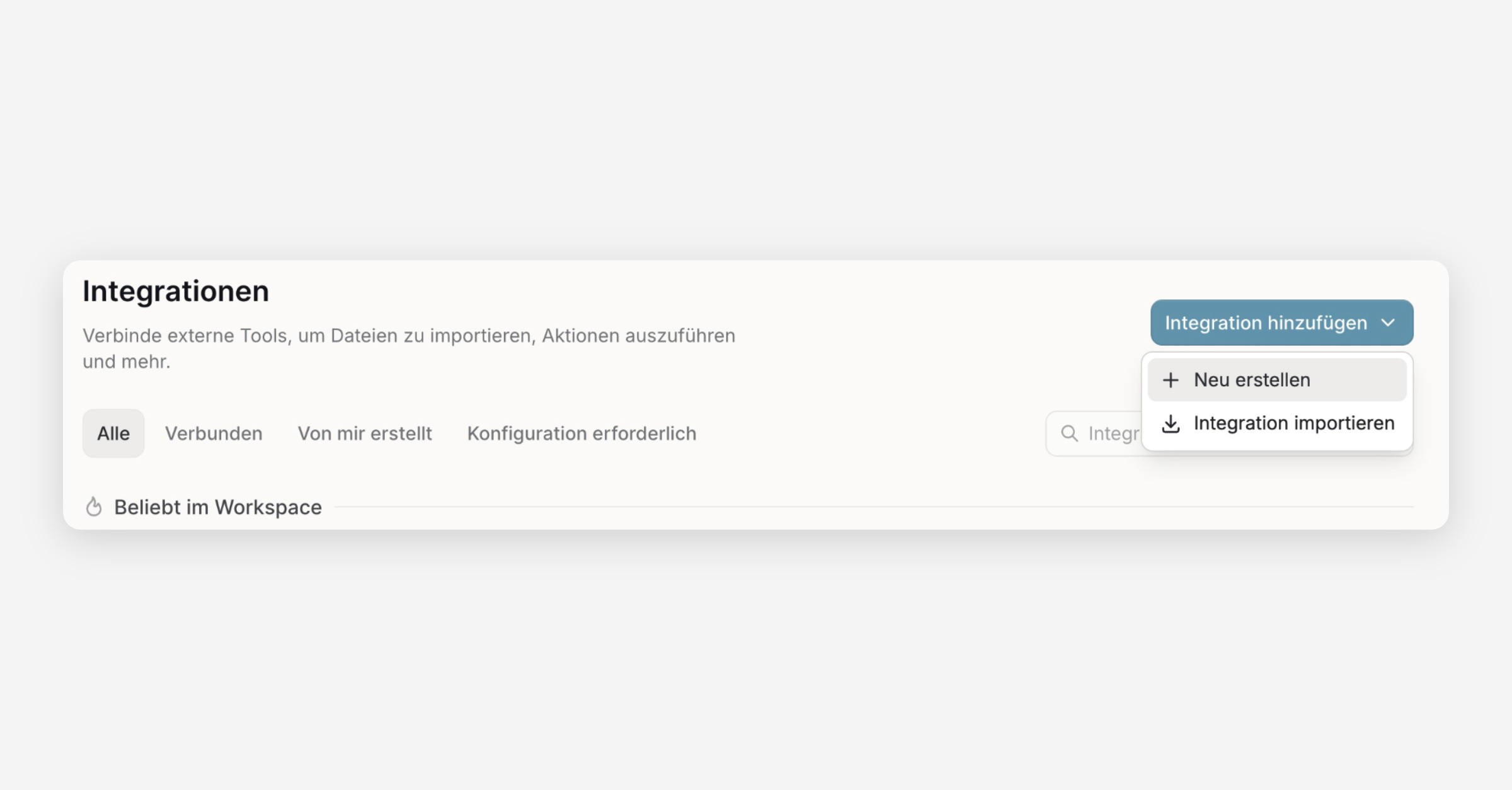 Integrationen page with the Integration hinzufügen menu open