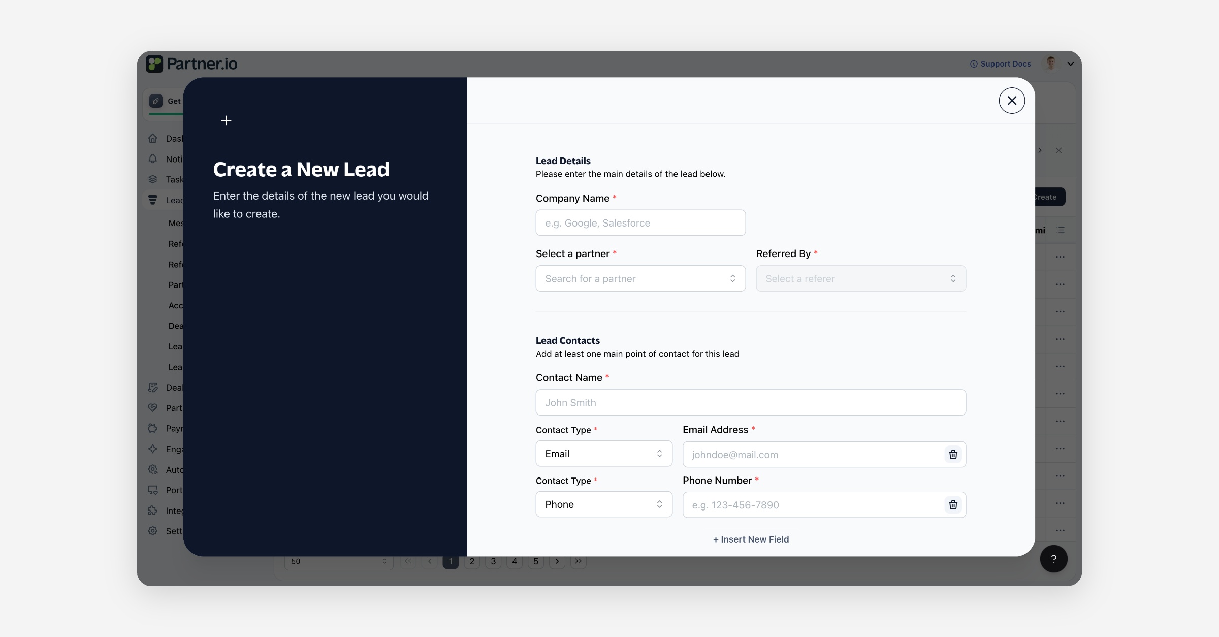 Create a new lead form in Partner.io with lead details and contact fields