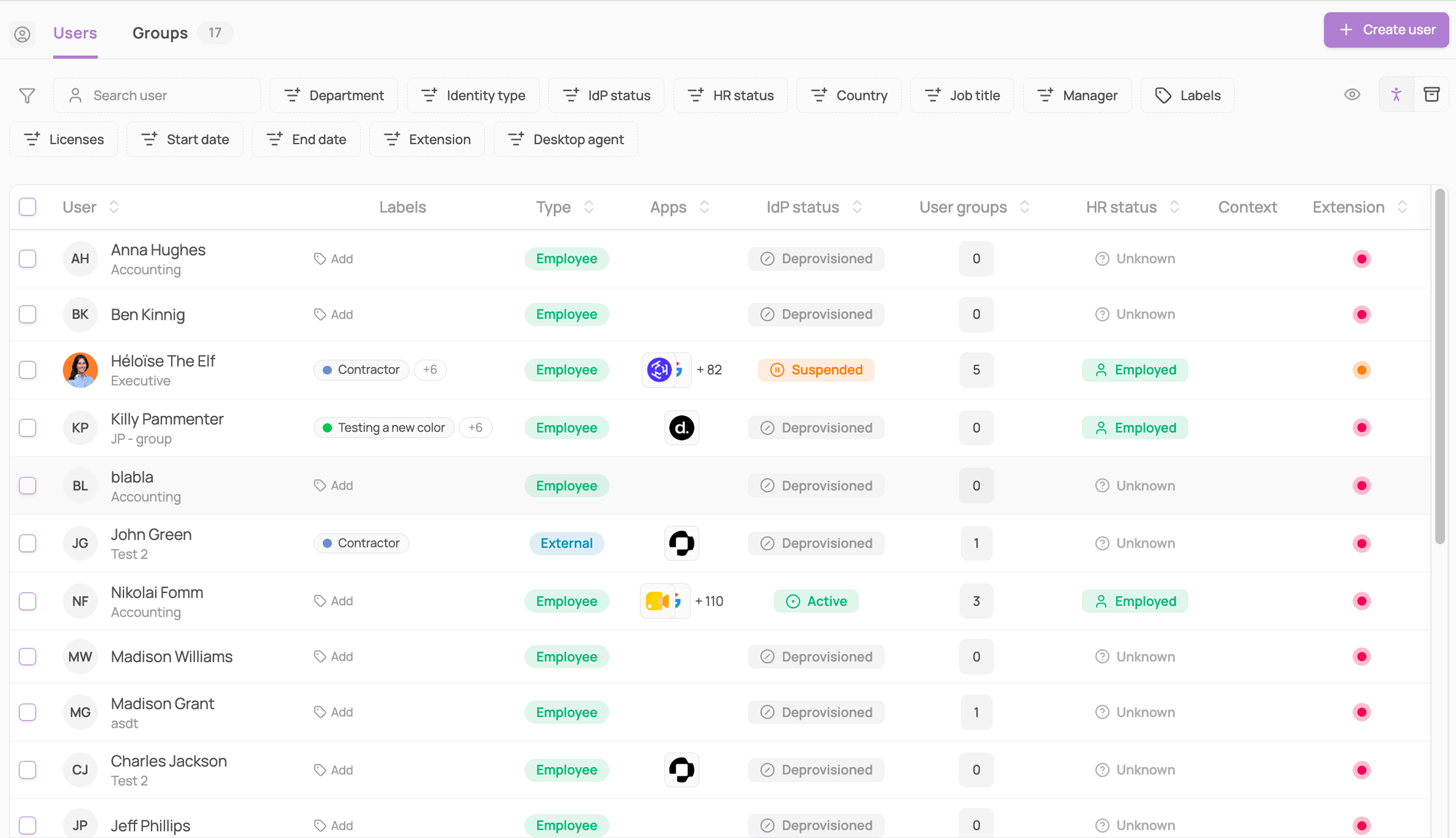Users list showing names, types, apps, IdP status, and HR status