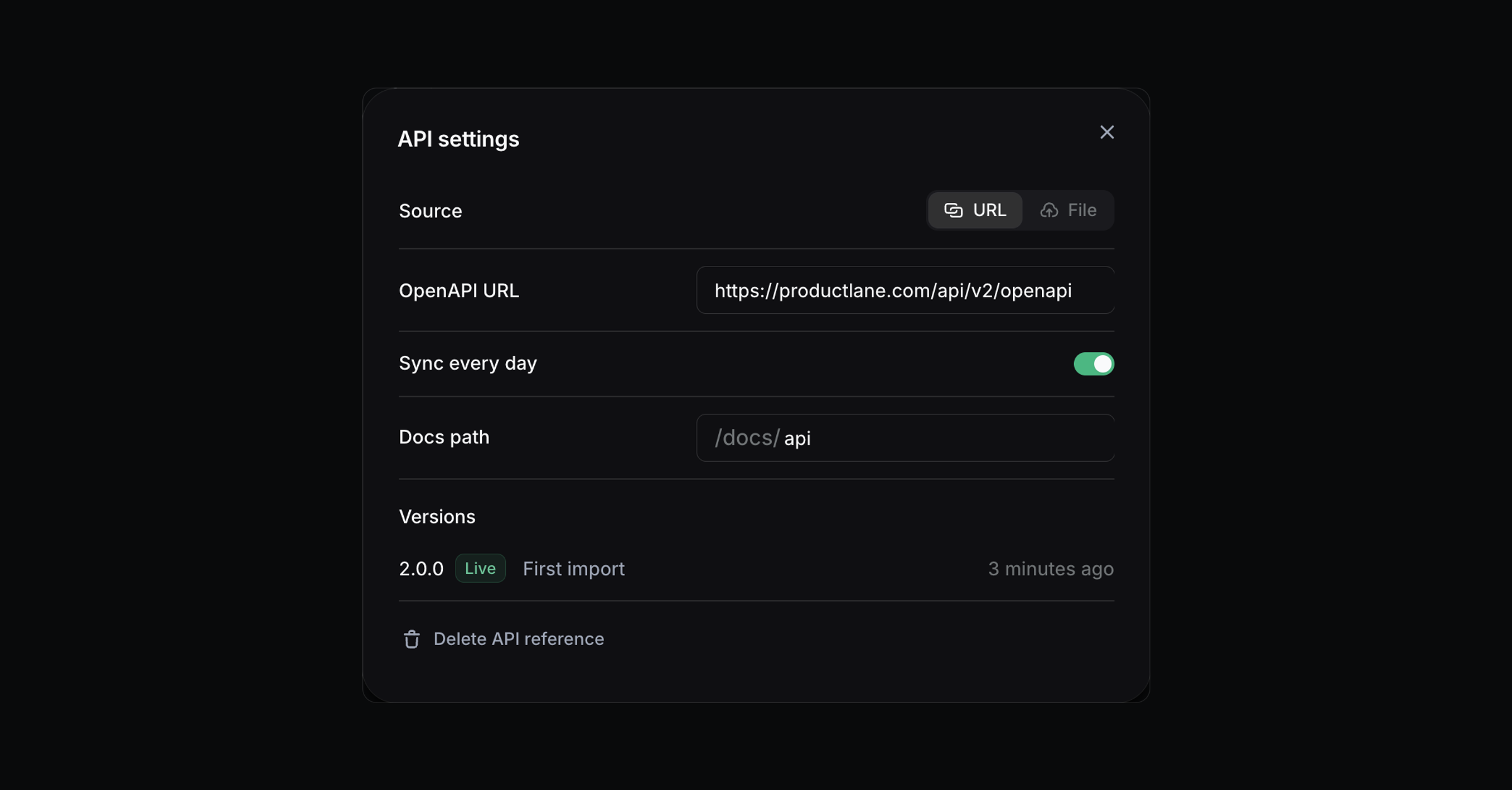 The API settings dialog with the OpenAPI URL, the Sync every day switch, the docs path and the version list