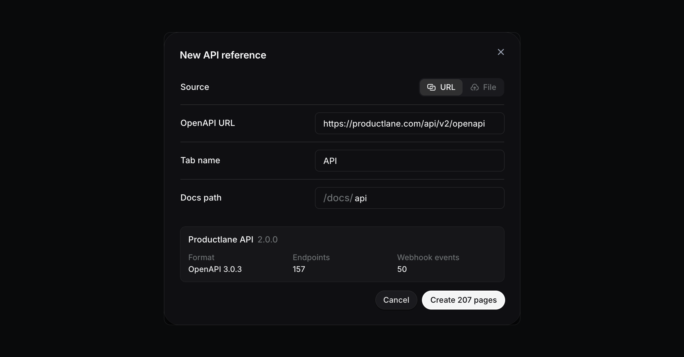 The New API reference dialog after Check spec, with the spec's format, endpoint count and webhook event count