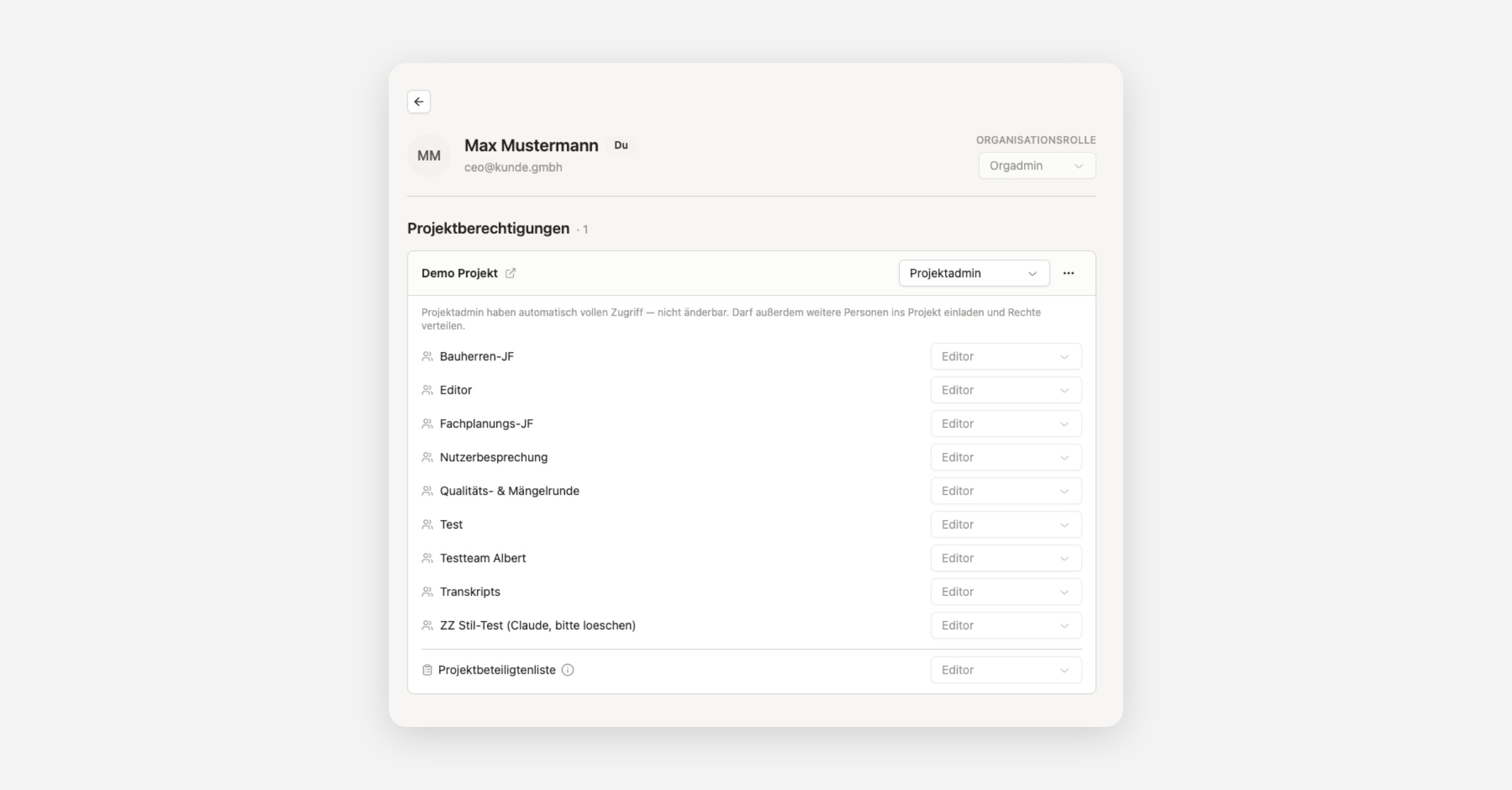 User detail page showing Max Mustermann's organization role and project permissions for Demo Projekt