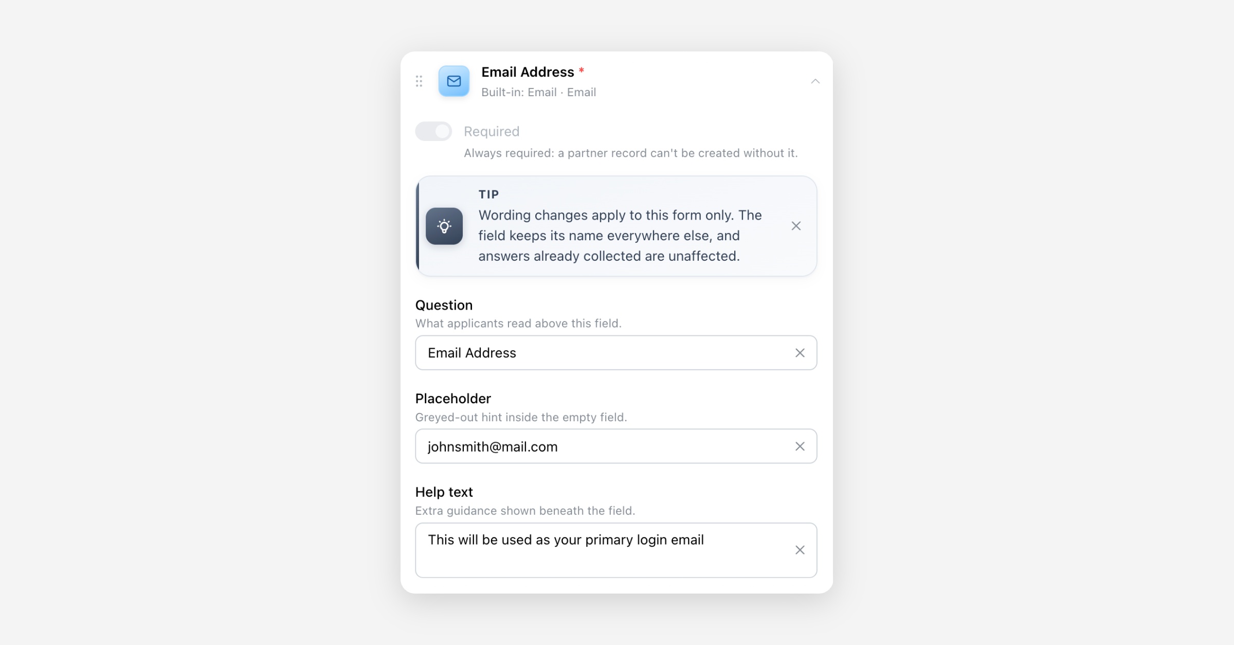 Email Address field configuration panel with Question, Placeholder, and Help text fields