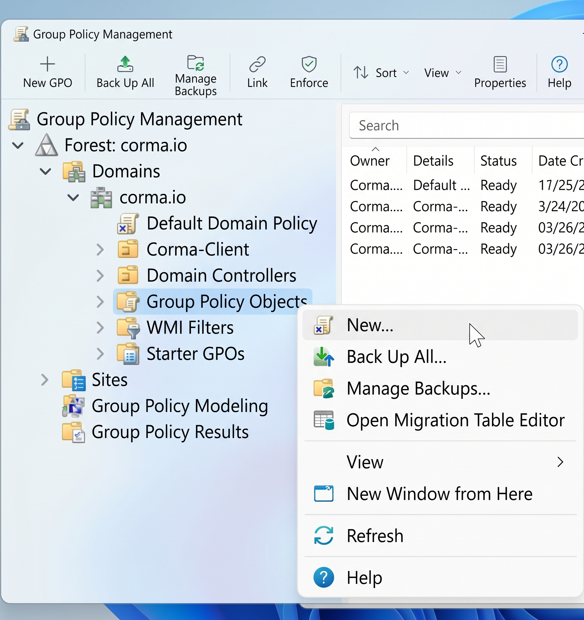 Group Policy Management console with right-click menu on Group Policy Objects
