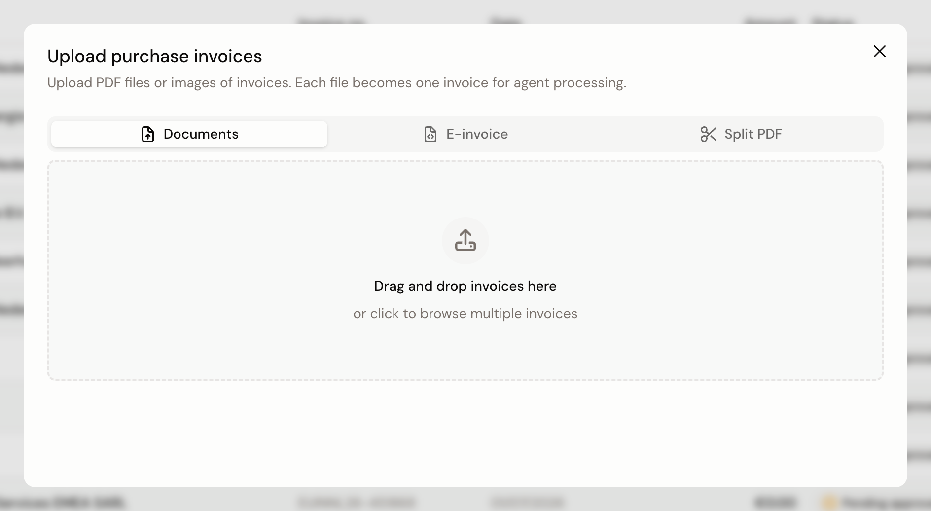 The upload dialog on the Documents tab, showing the drop area and below it the list of added files with their progress