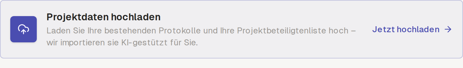 Upload project data prompt card with an option to upload now