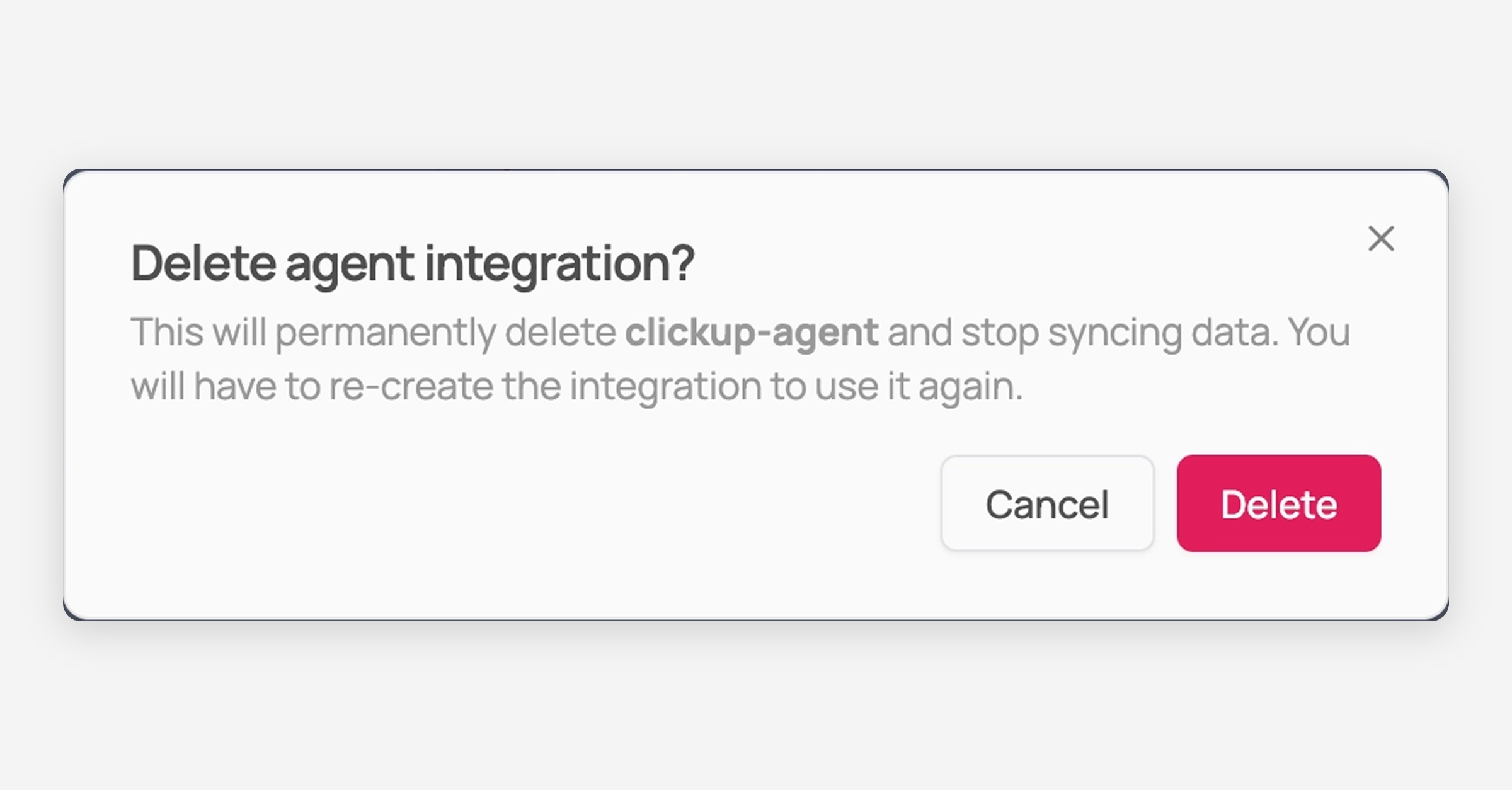 Delete agent integration confirmation dialog