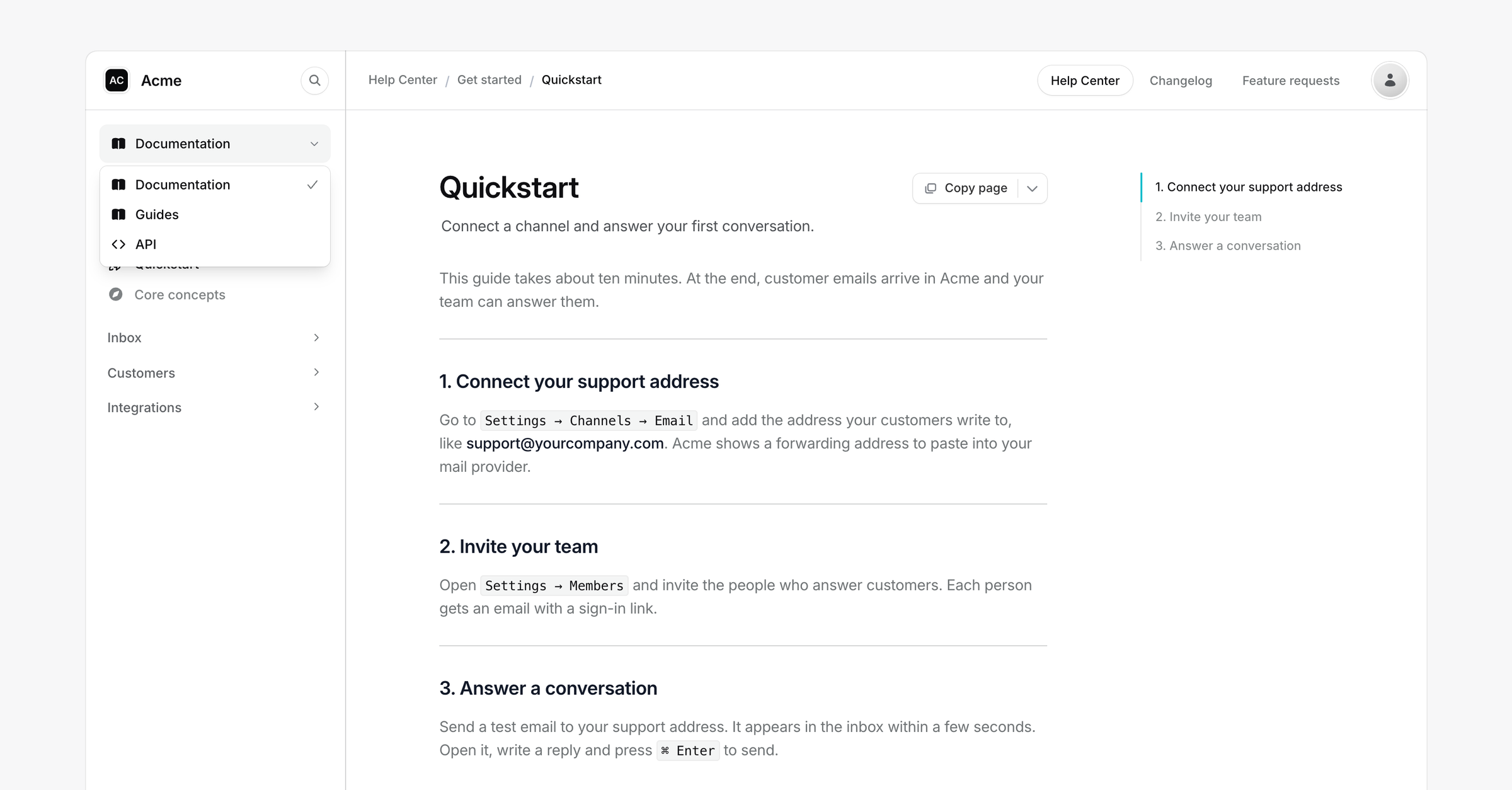 The docs site with the Dropdown in the sidebar style open, listing Documentation, Guides and API