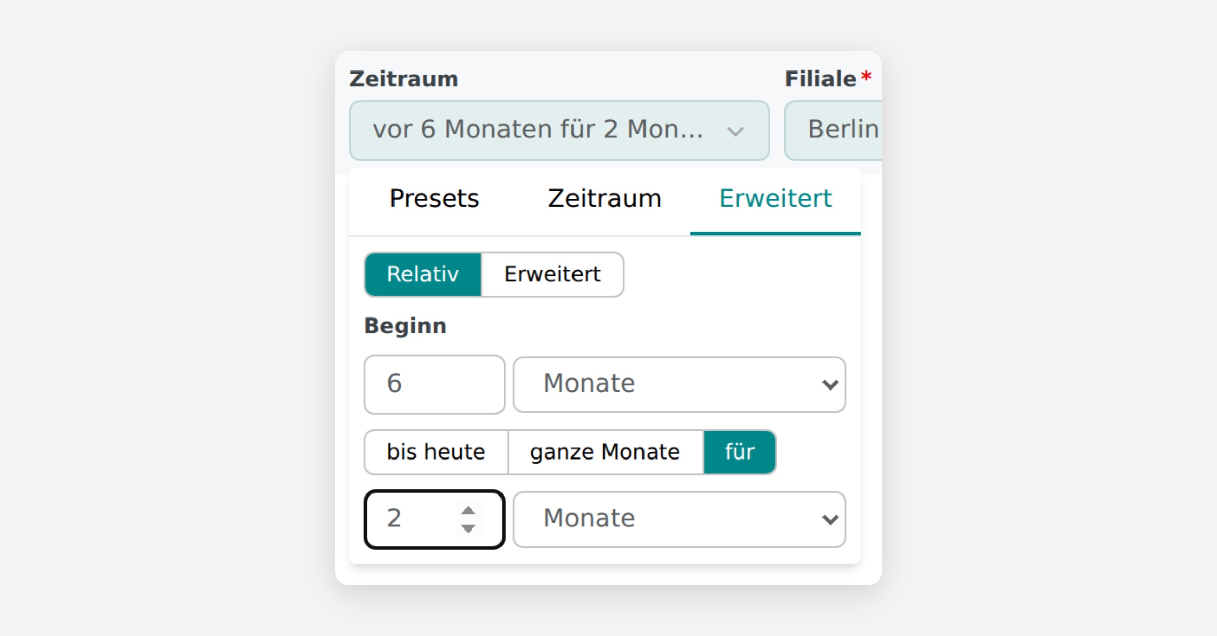 Relative date range picker set to 6 months ago for 2 months