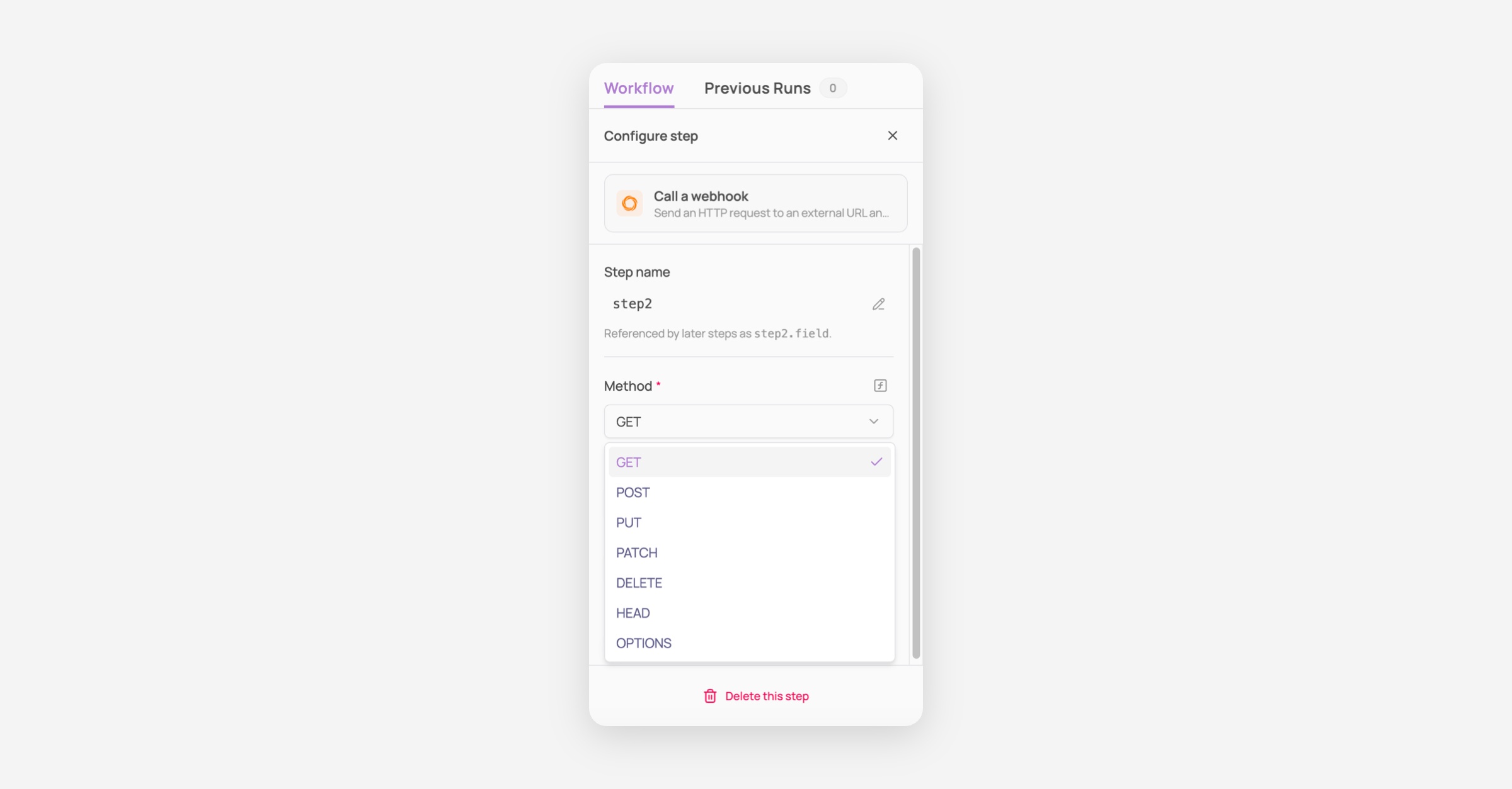 Configure step panel for a webhook step with Method dropdown open