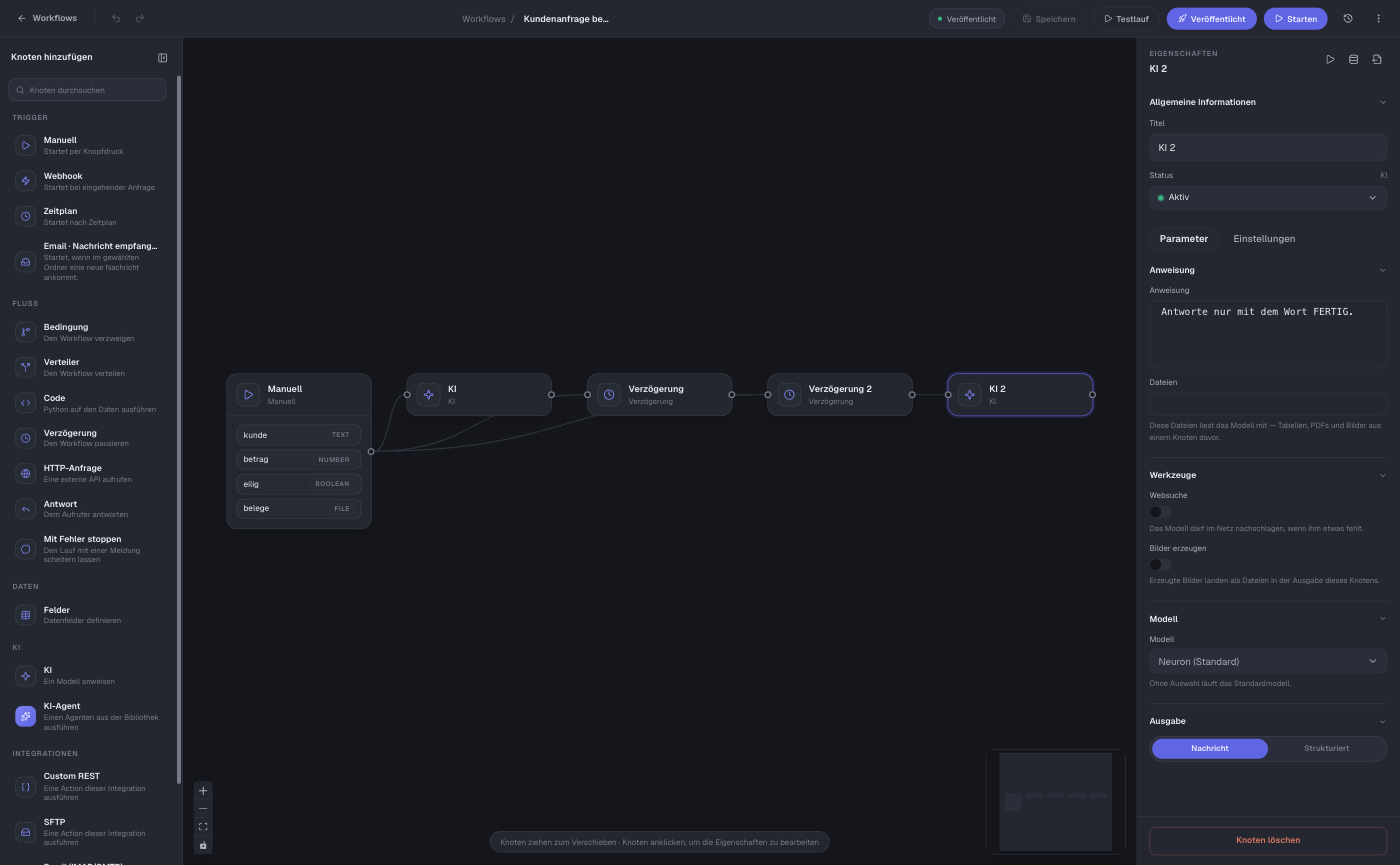 Workflow-Editor mit Knotenpalette, Arbeitsfläche und Eigenschaften