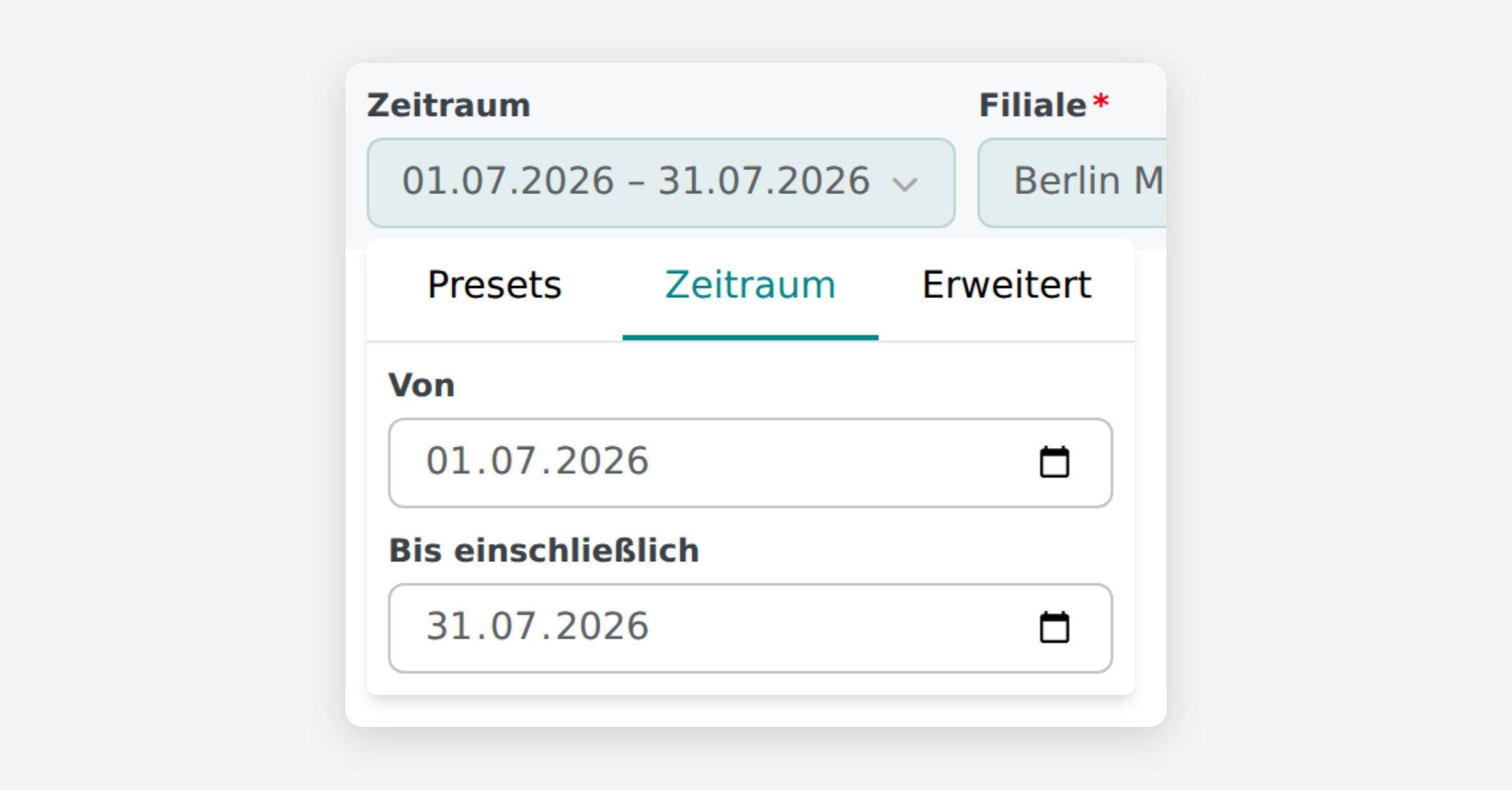Open Zeitraum date-range selector with start and end date fields