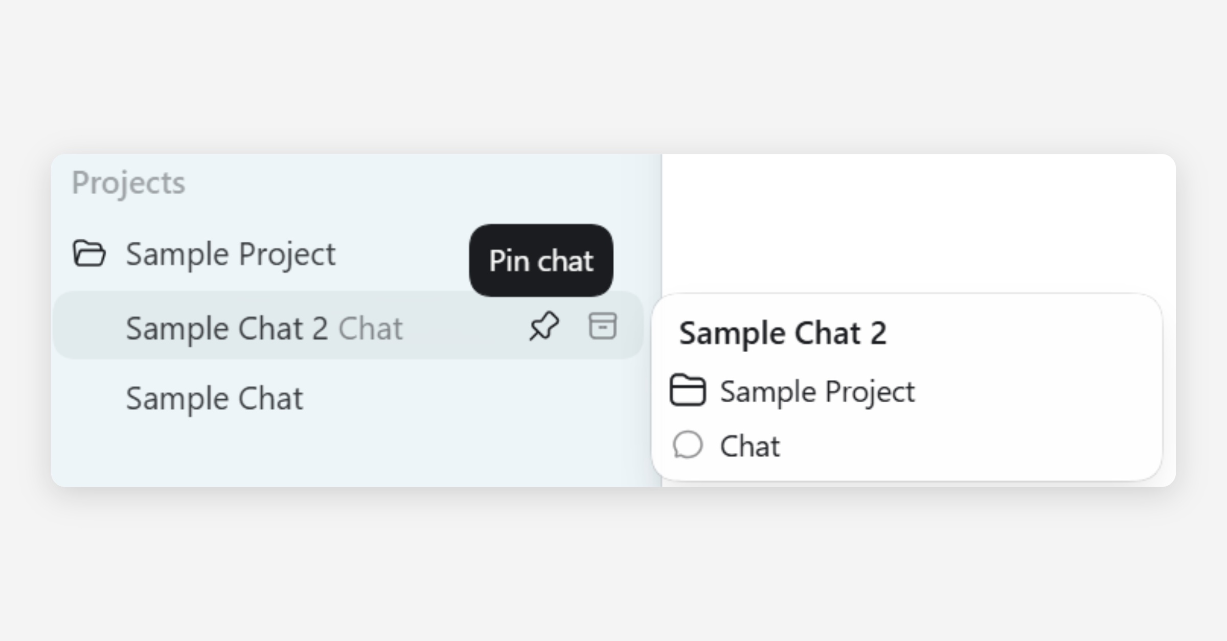 Projects sidebar showing pin chat tooltip and chat details panel