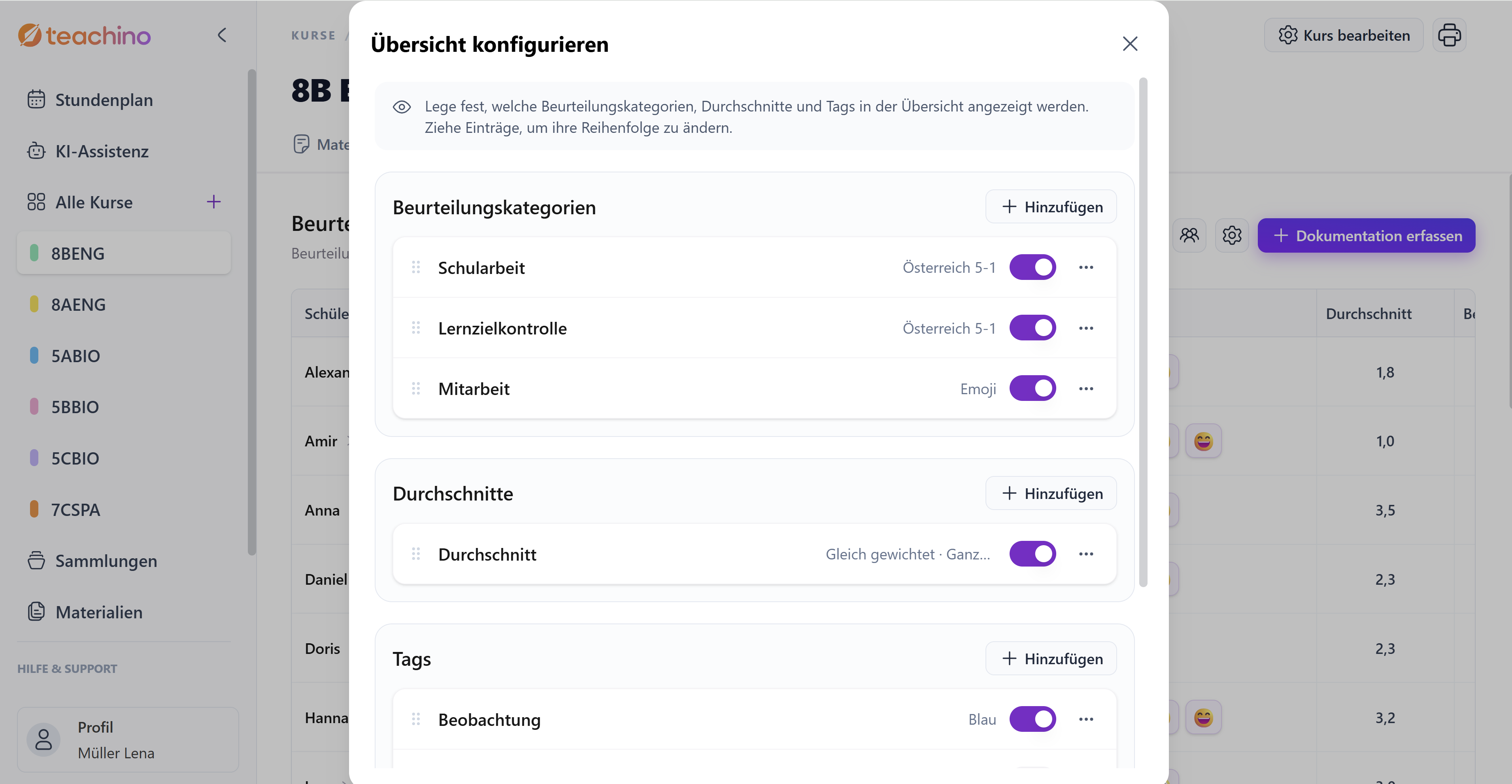 Übersicht konfigurieren dialog for a course grading overview