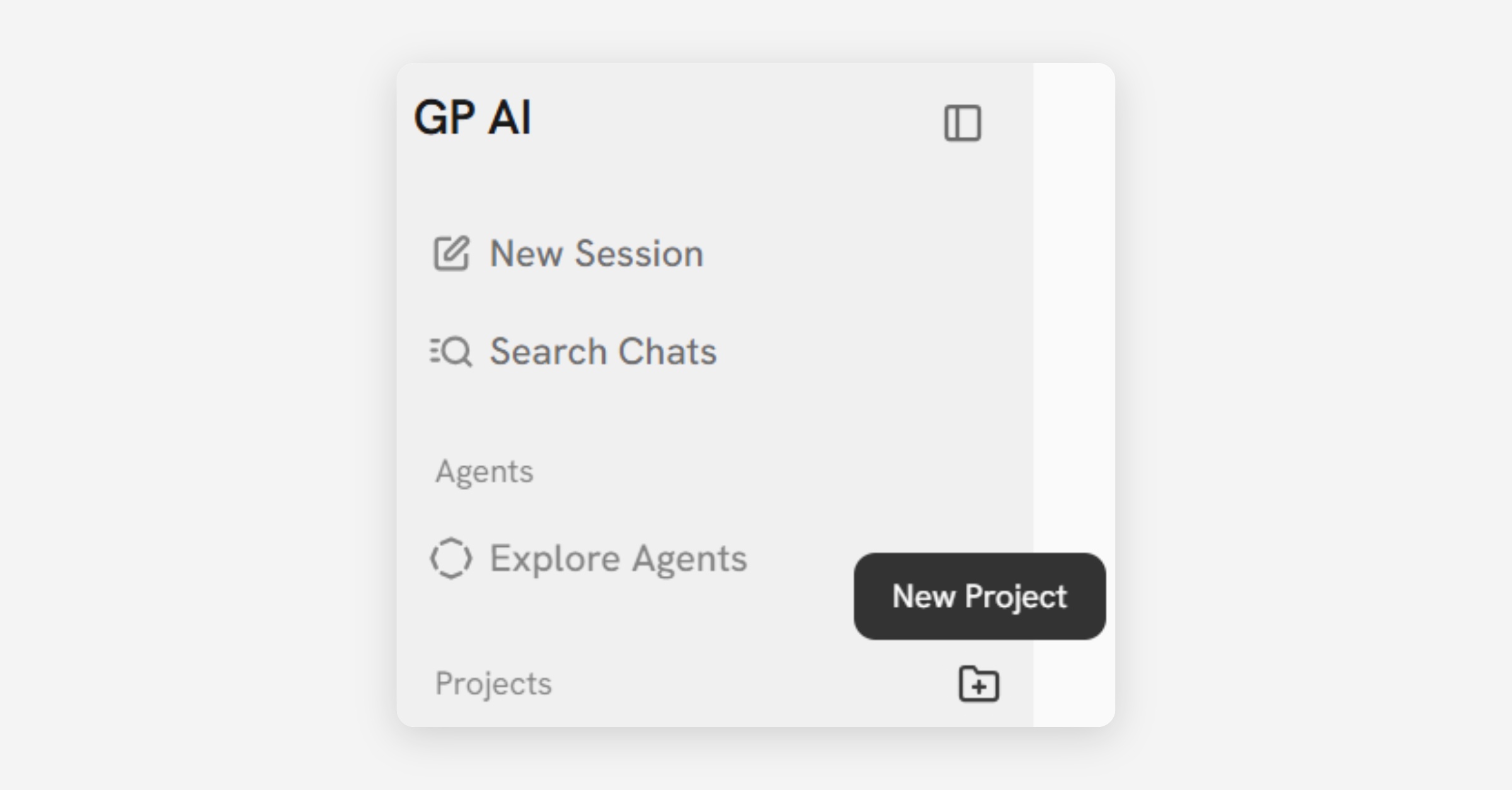 GP AI sidebar navigation panel with New Project tooltip