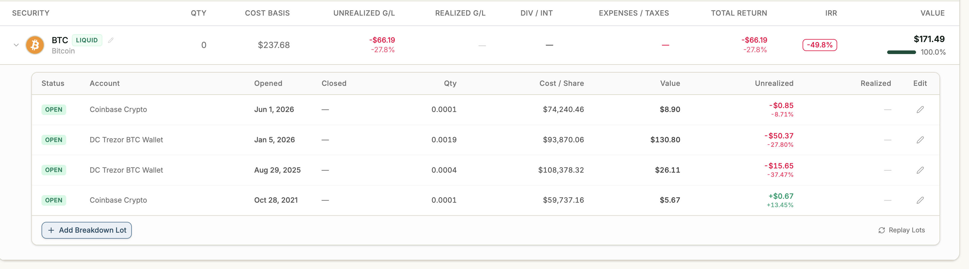 Trussdee Add Lot Breakdown workflow for entering historical Binance lots.