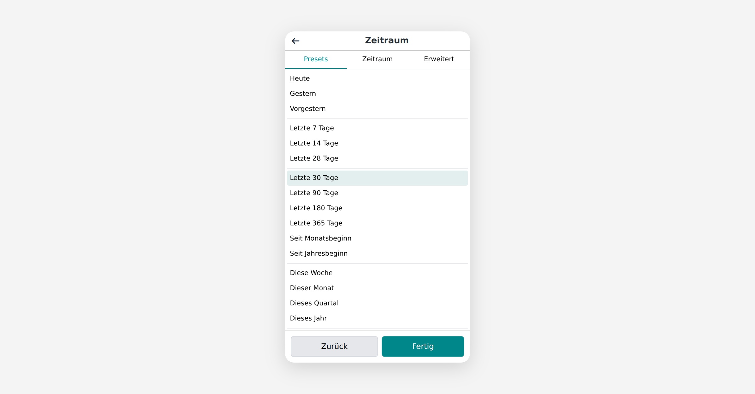 Zeitraum date range picker with preset options