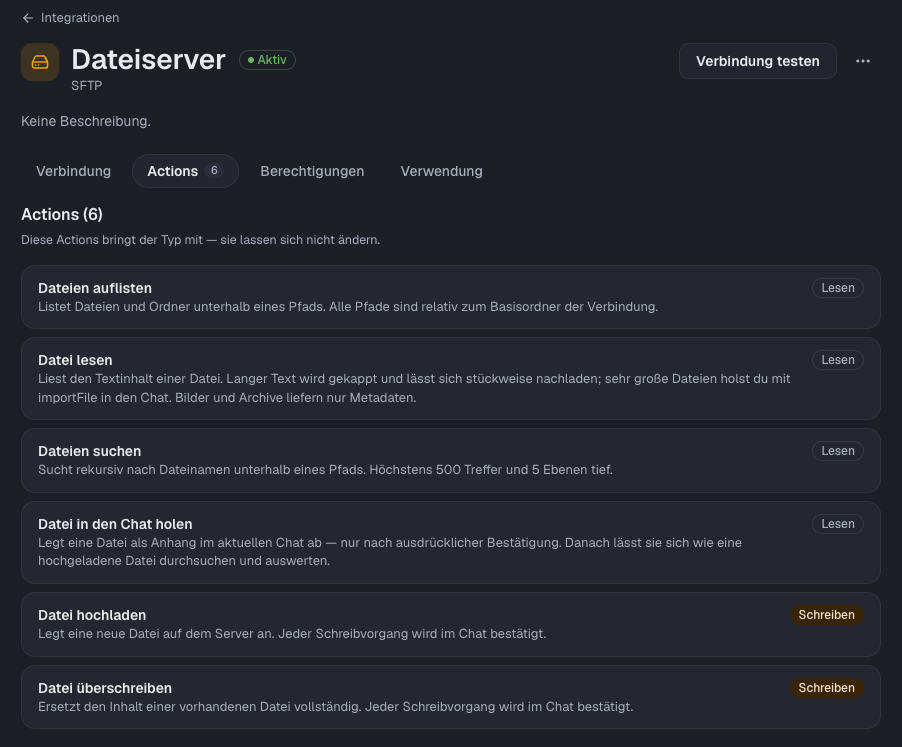 Tab Actions einer SFTP-Integration mit Lese- und Schreib-Actions