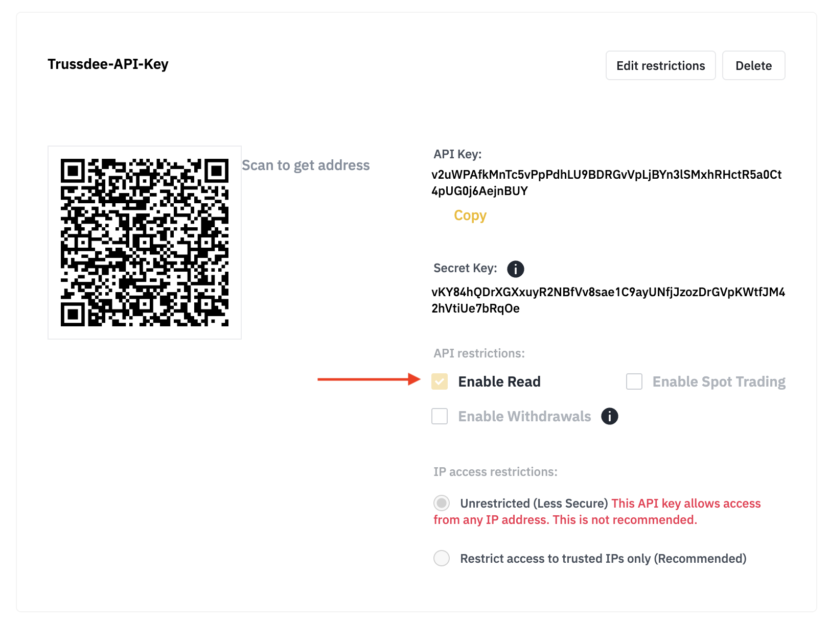 Binance API key details with read-only permission enabled.
