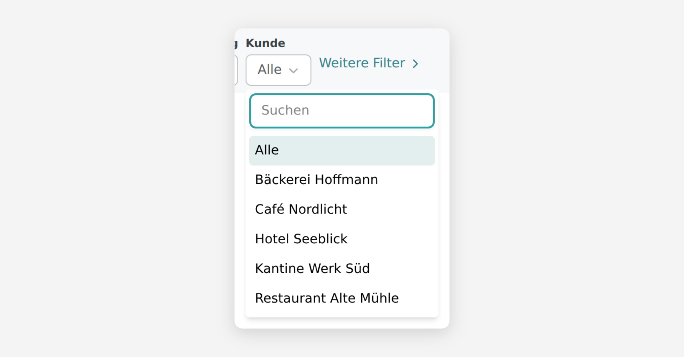 Kunde filter dropdown with searchable list of customer names