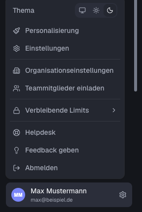 Geöffnetes Profilmenü mit Thema, Personalisierung, Einstellungen und Abmelden