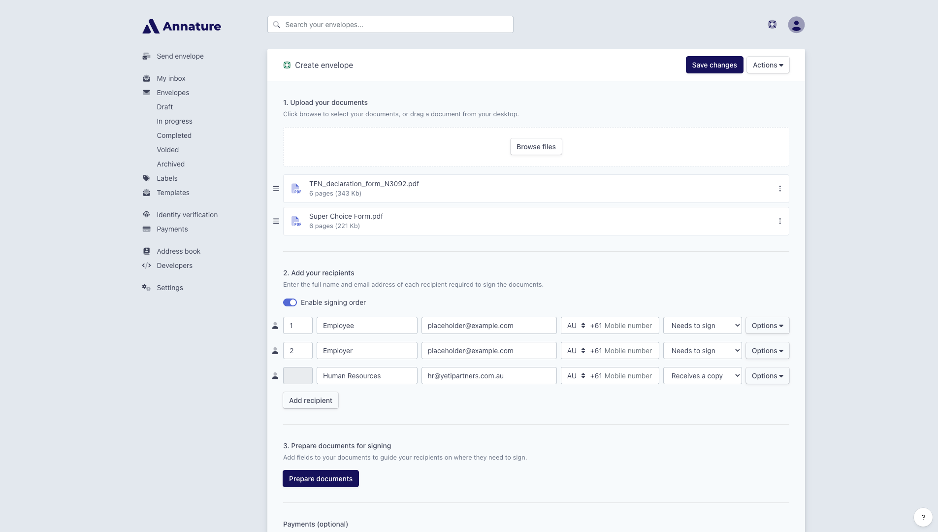 Sending a template - Annature Docs