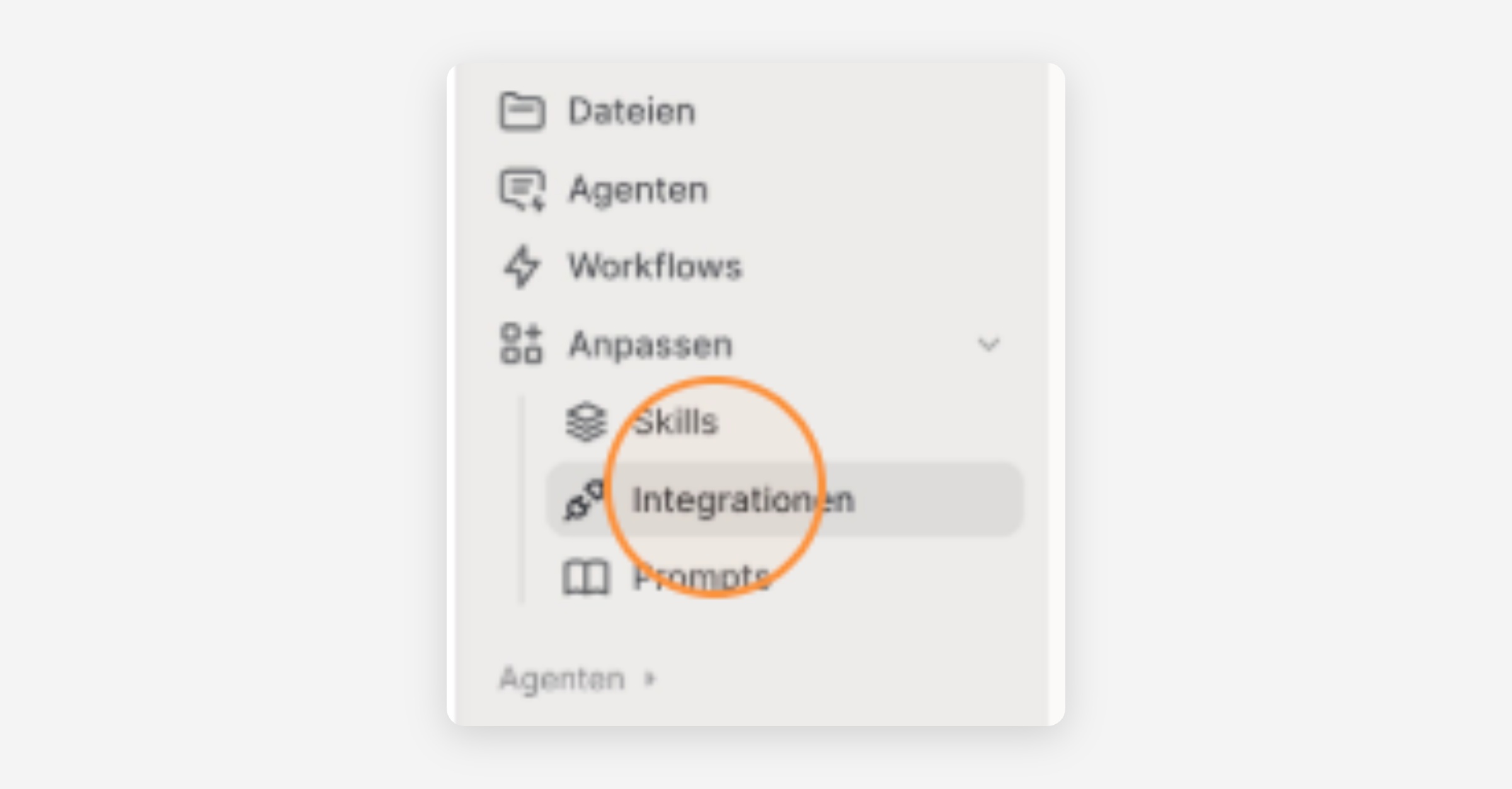 Sidebar navigation menu with Integrationen highlighted under Anpassen