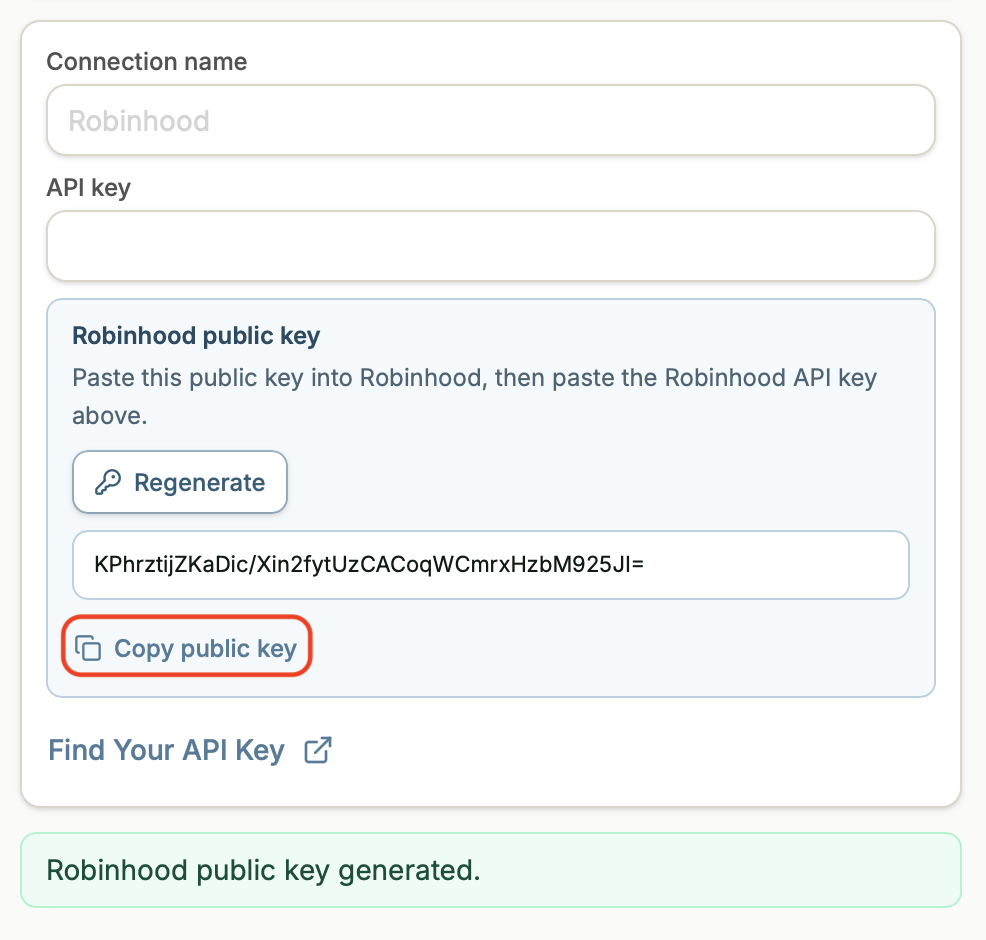 Trussdee Robinhood connection drawer showing the generated public key.