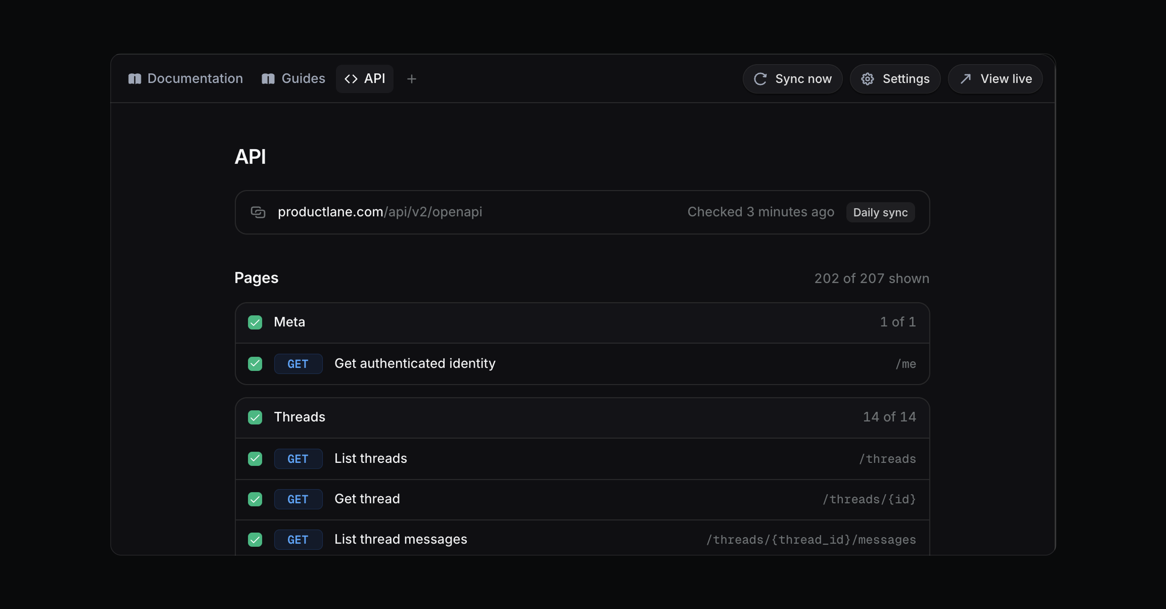The API reference page in the docs editor, with the spec source, the daily sync badge and the list of pages