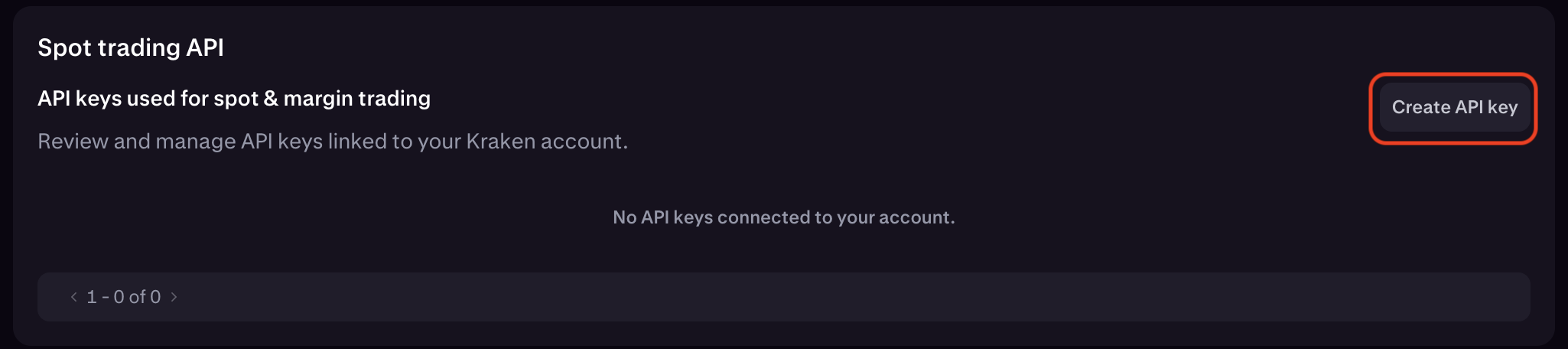 Kraken Pro Connections and APIs screen with Create API Key action.