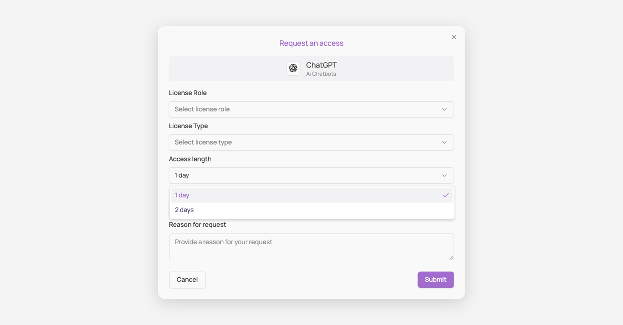 Request an access dialog for ChatGPT with access length dropdown open