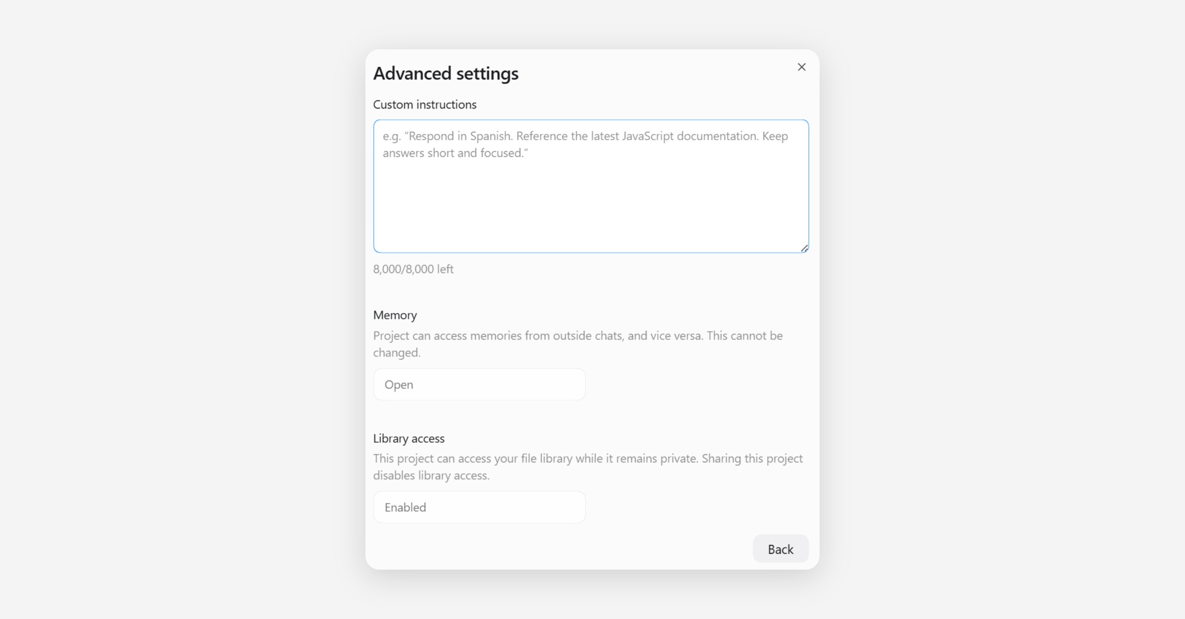 Advanced settings dialog with custom instructions, memory, and library access options