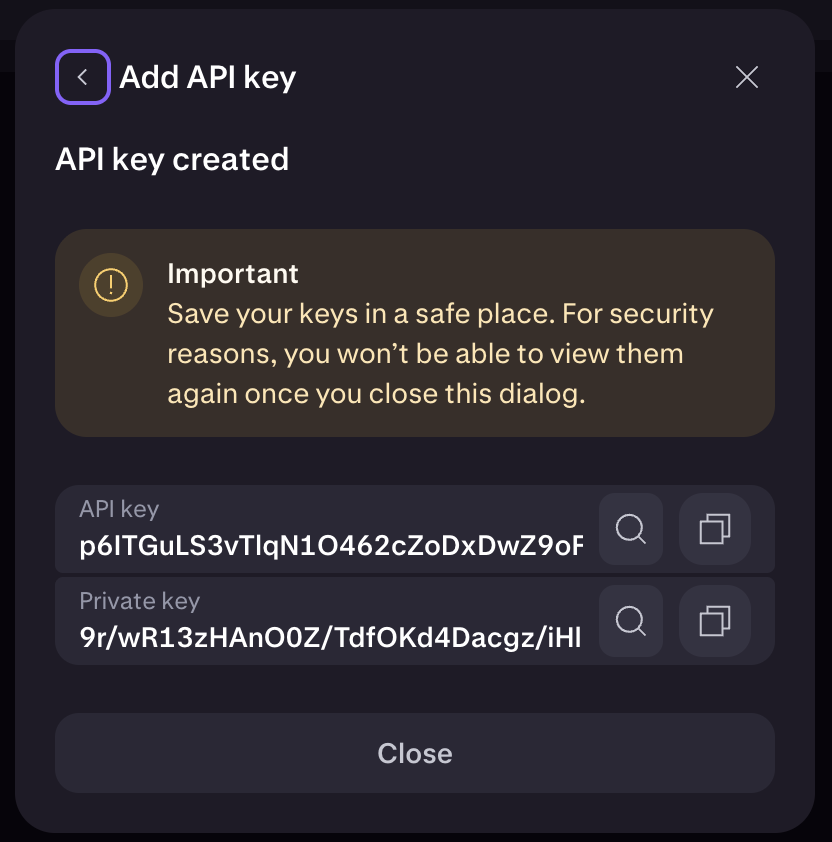 Kraken Pro API key and Private key confirmation screen.