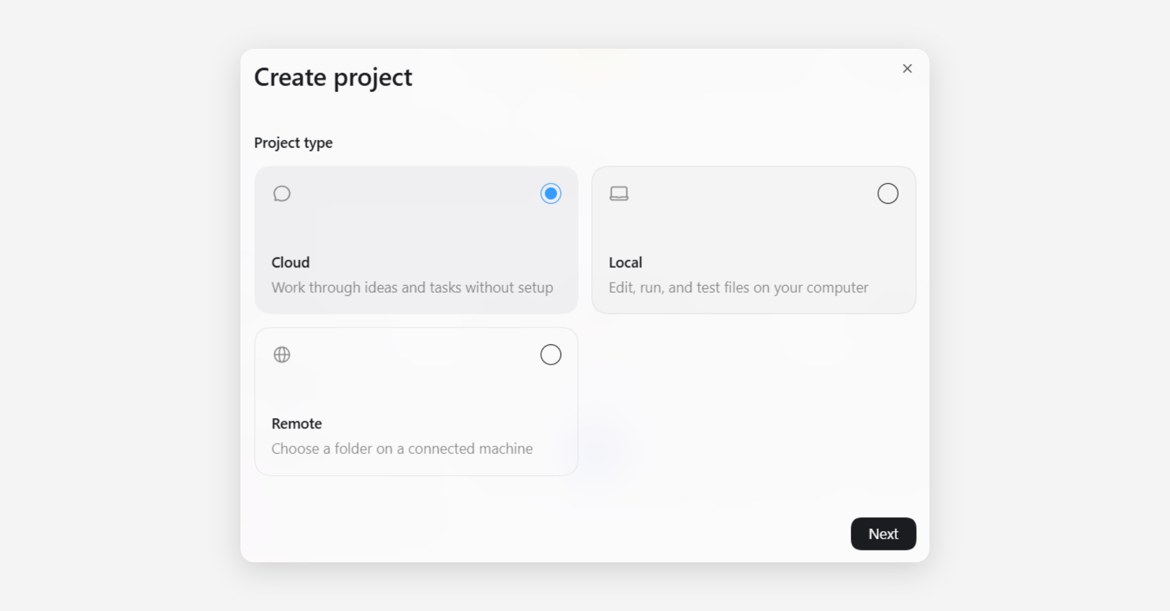 Create project dialog with Project type options: Cloud, Local, Remote