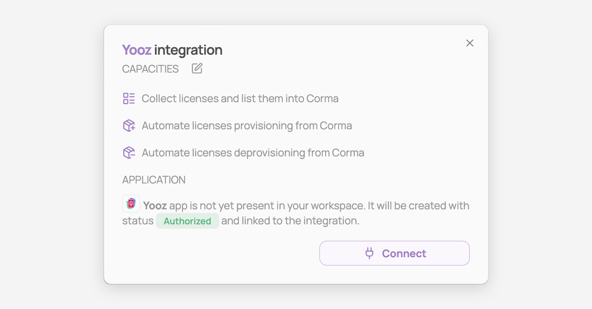 Yooz integration setup dialog showing capacities and connect button