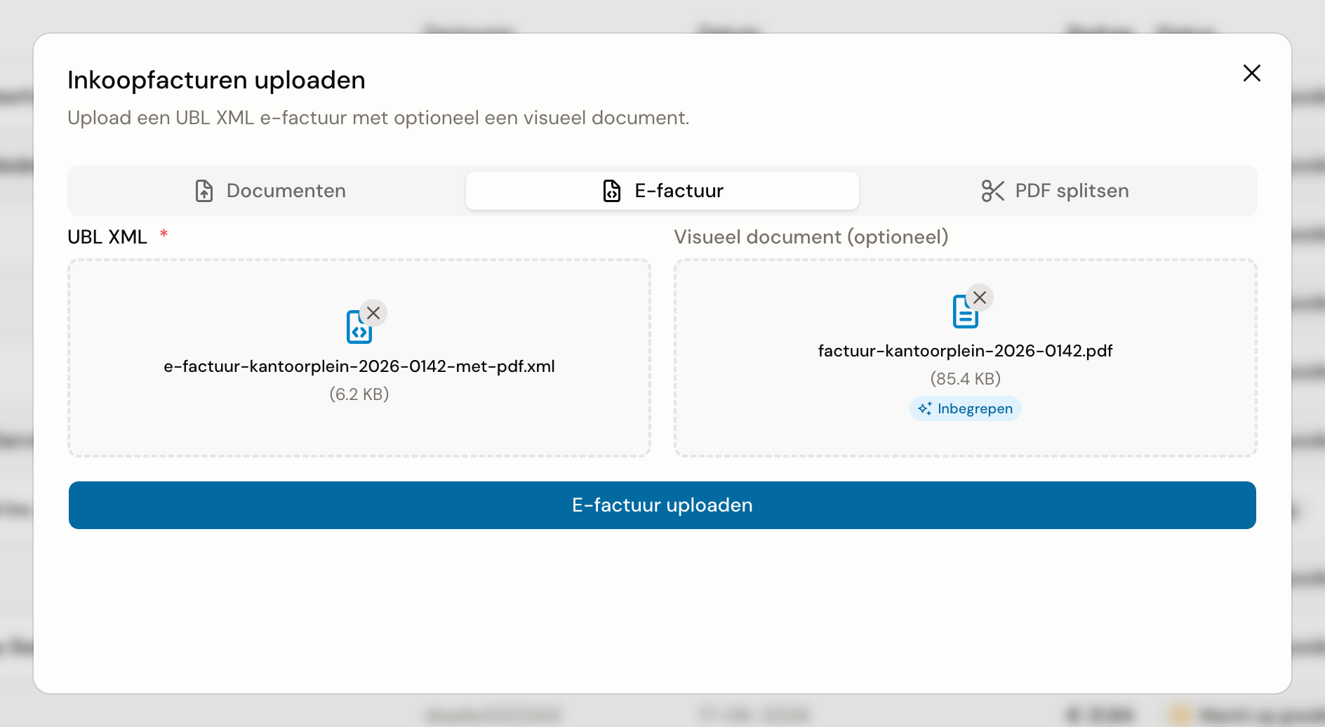 Het vak Visueel document met de uit de XML gehaalde PDF en de badge Inbegrepen