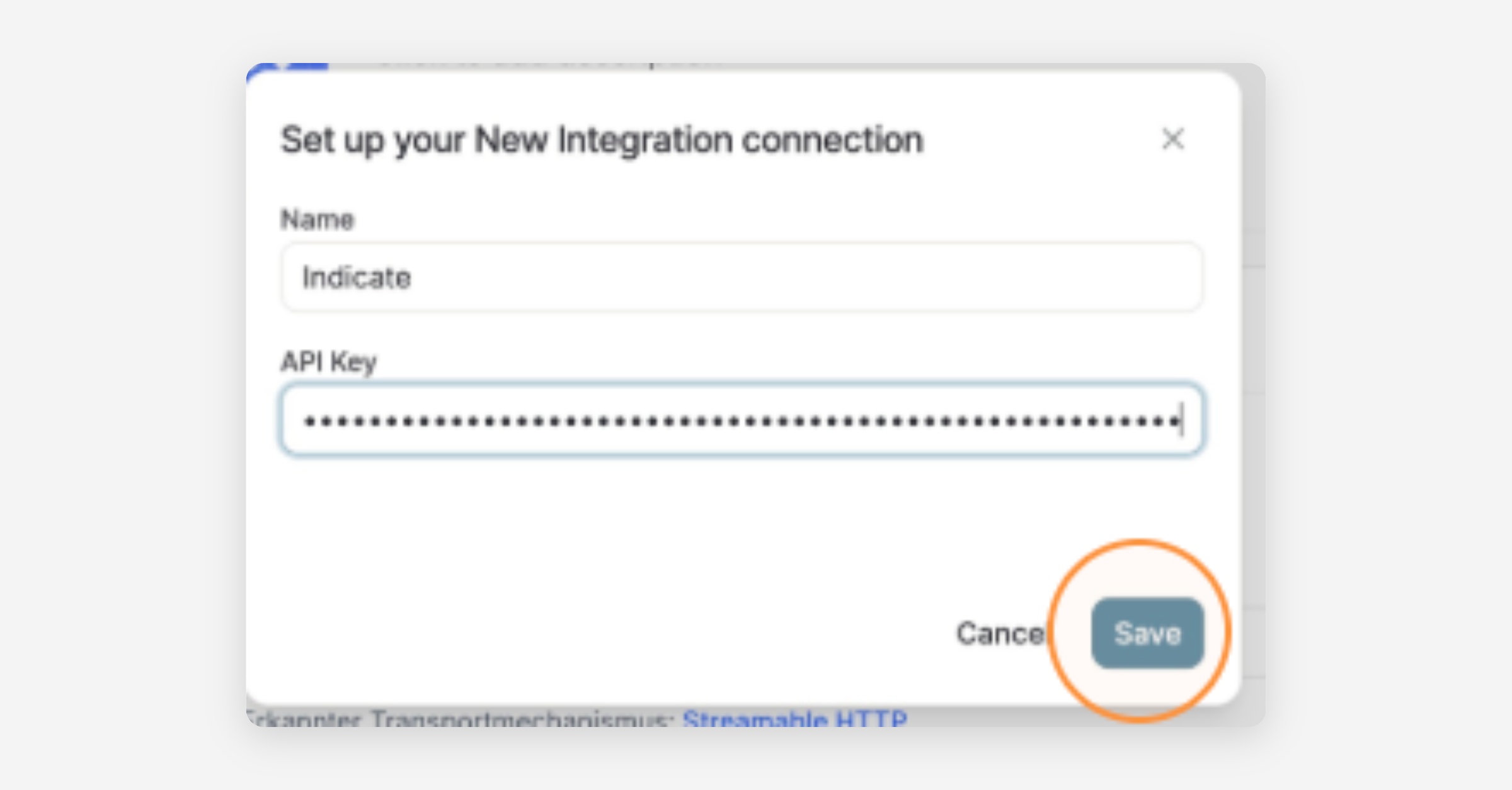 Set up your New Integration connection dialog with Name and API Key fields, and a highlighted Save button