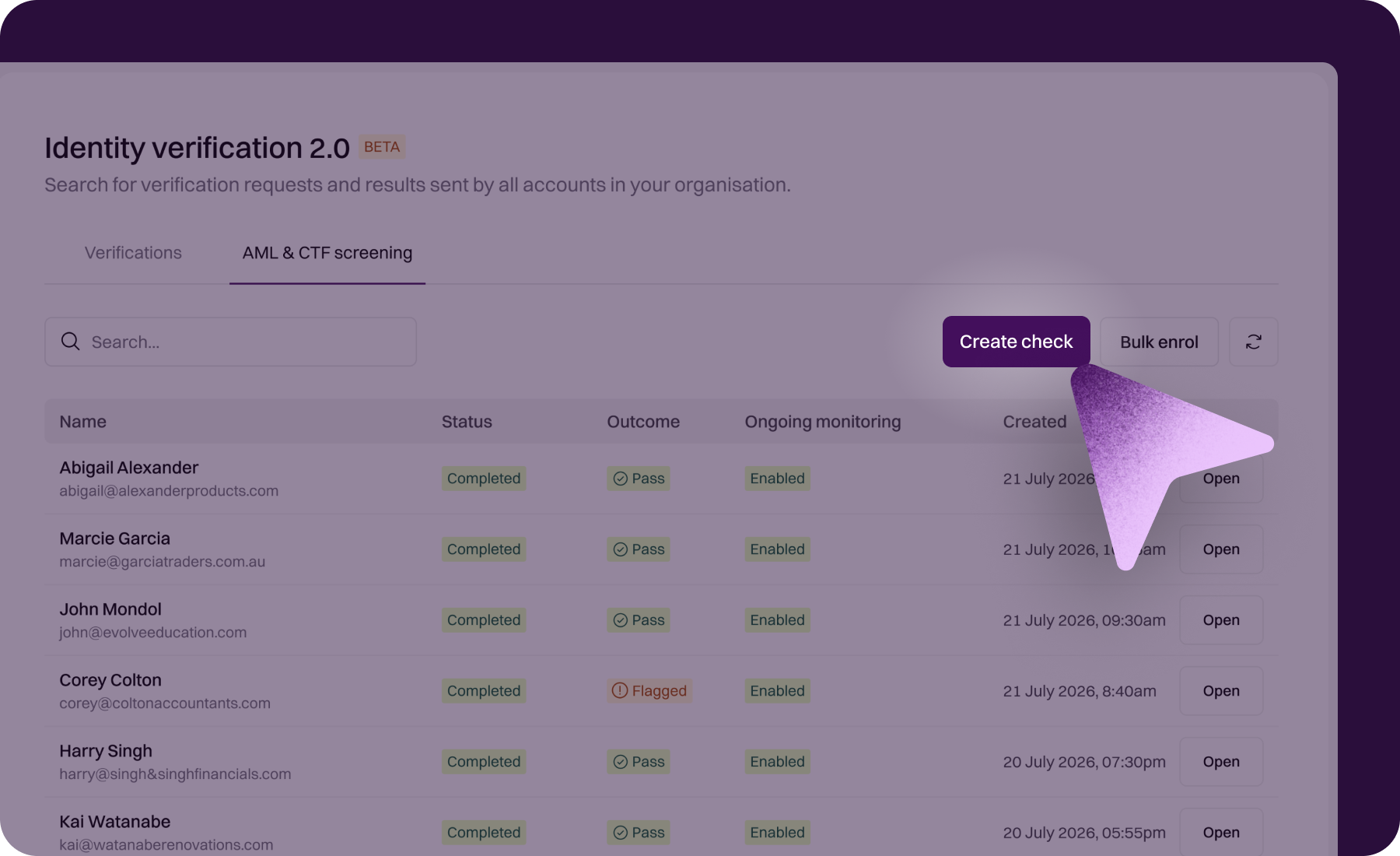 AML and CTF screening tab in Identity verification 2.0 listing checks with status and outcome