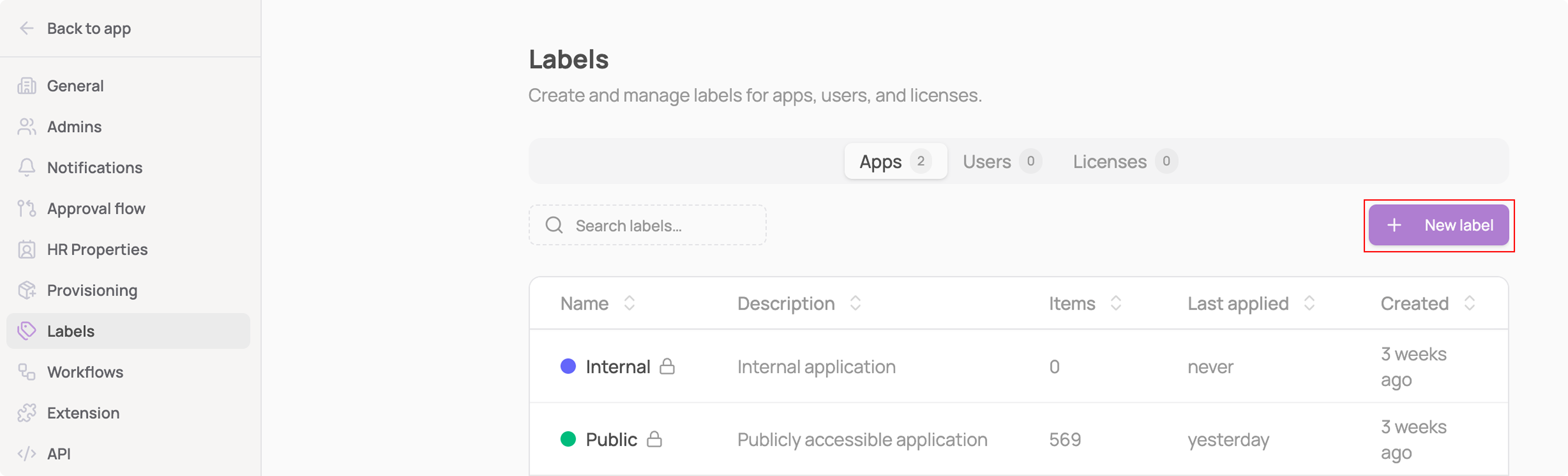 Labels settings page listing app labels with a highlighted New label button