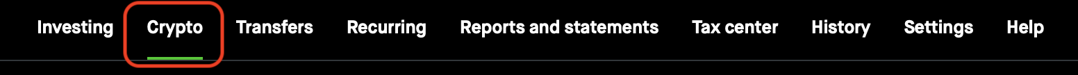 Robinhood Settings tabs with Crypto selected.