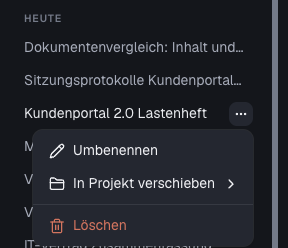 Geöffnetes Drei-Punkte-Menü einer Session mit Umbenennen, In Projekt verschieben und Löschen