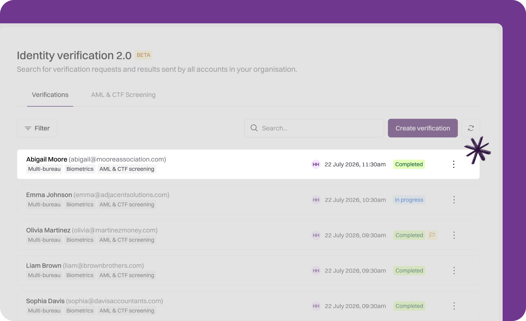 Identity verification 2.0 list showing verification requests with statuses