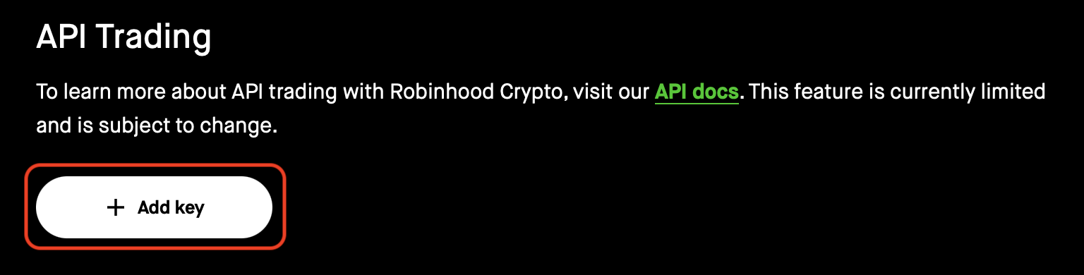 Robinhood Crypto settings with Add API key button.