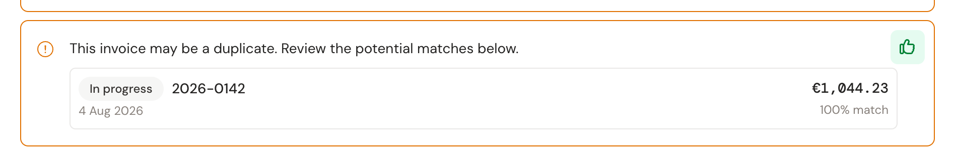 A booking proposal with the warning that the invoice may be a duplicate and the candidate below it