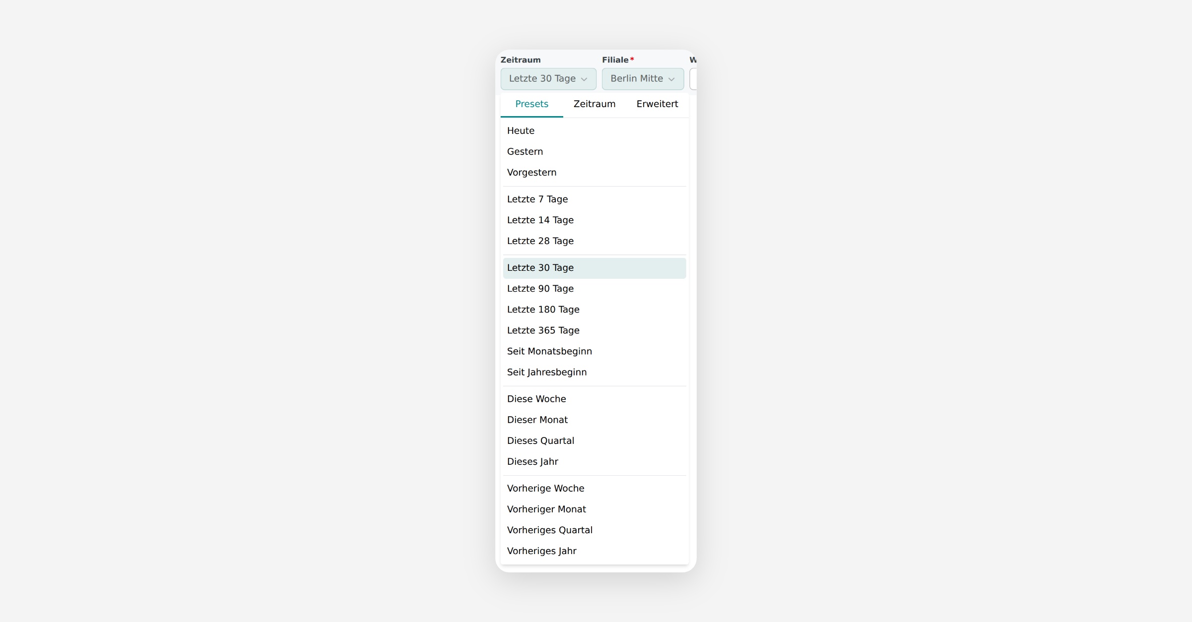 Date range picker showing preset options with "Letzte 30 Tage" selected