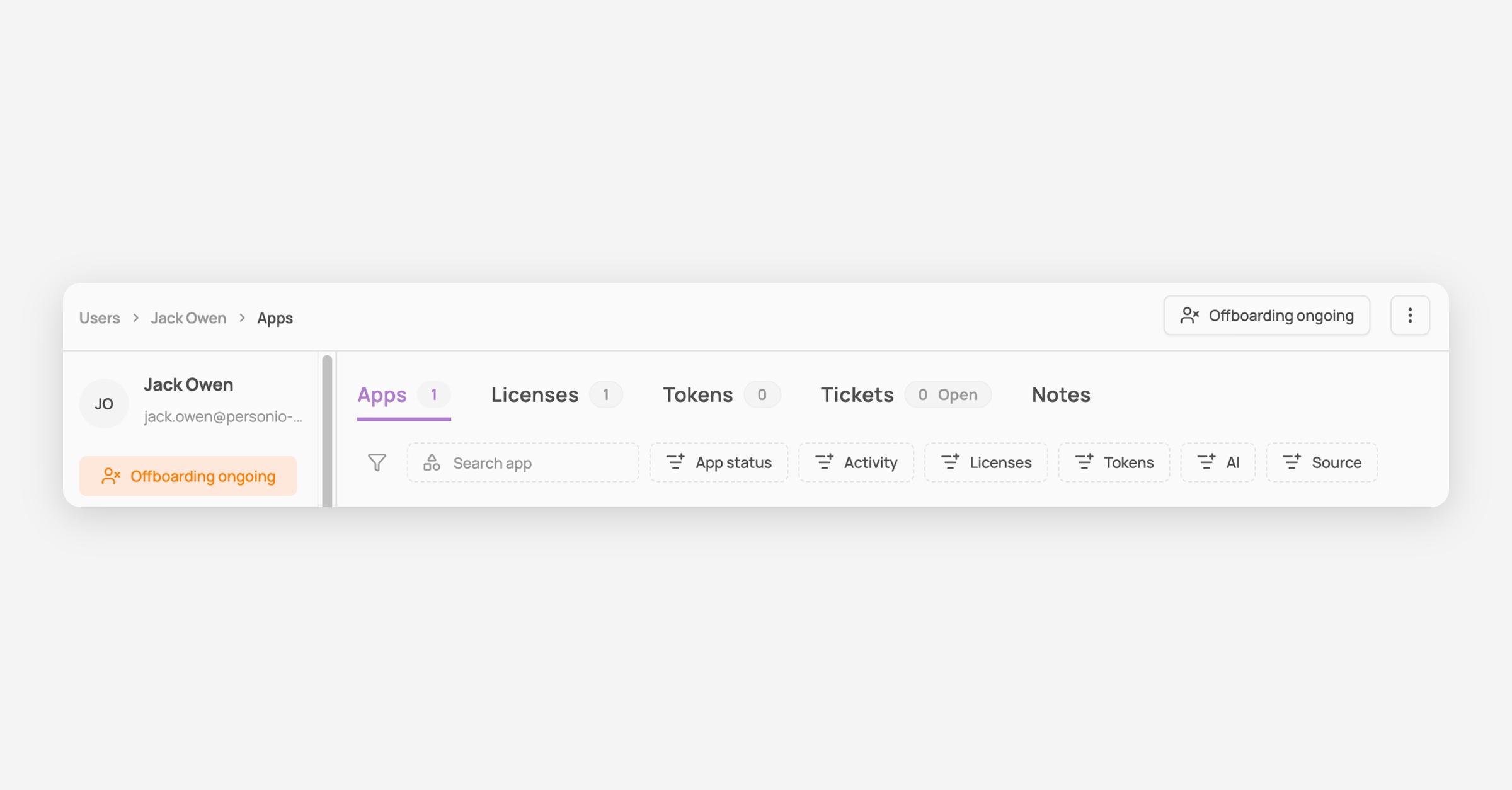 Jack Owen user detail page showing Apps tab with offboarding status