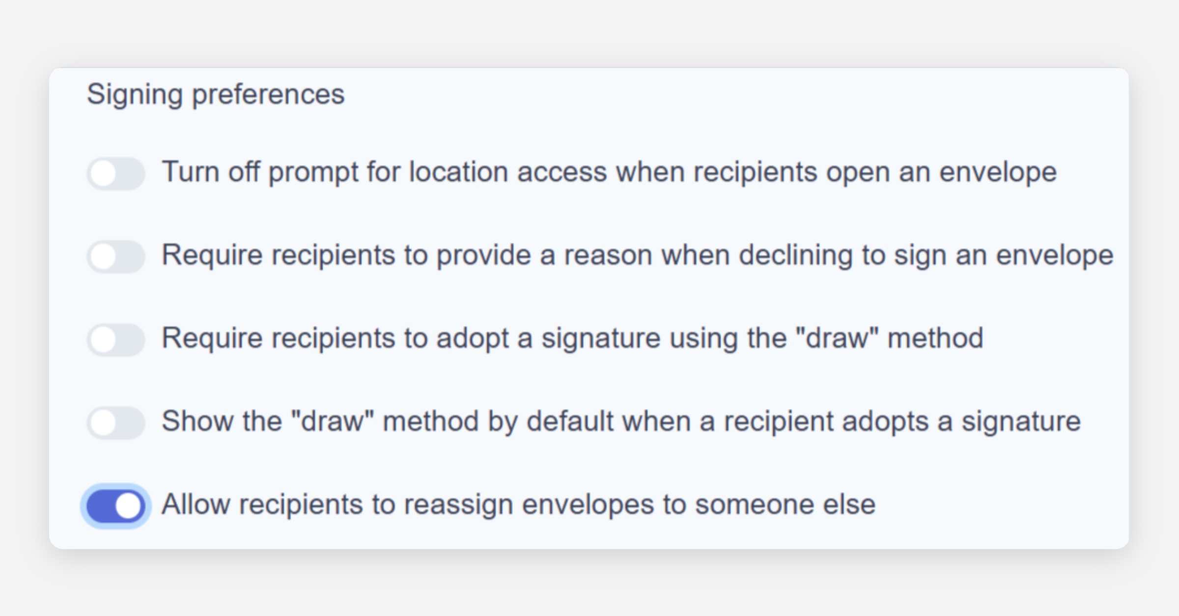 Signing preferences settings panel with five toggle options